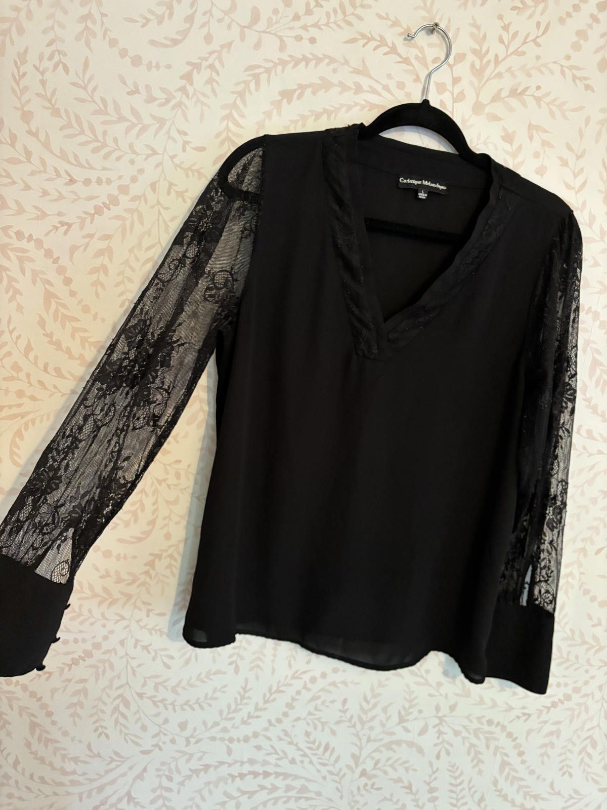 Designer Catherine Malandrino Elegant Black Lace Sleeve Blouse L Size L / US 10 / IT 46 - 2 Thumbnail