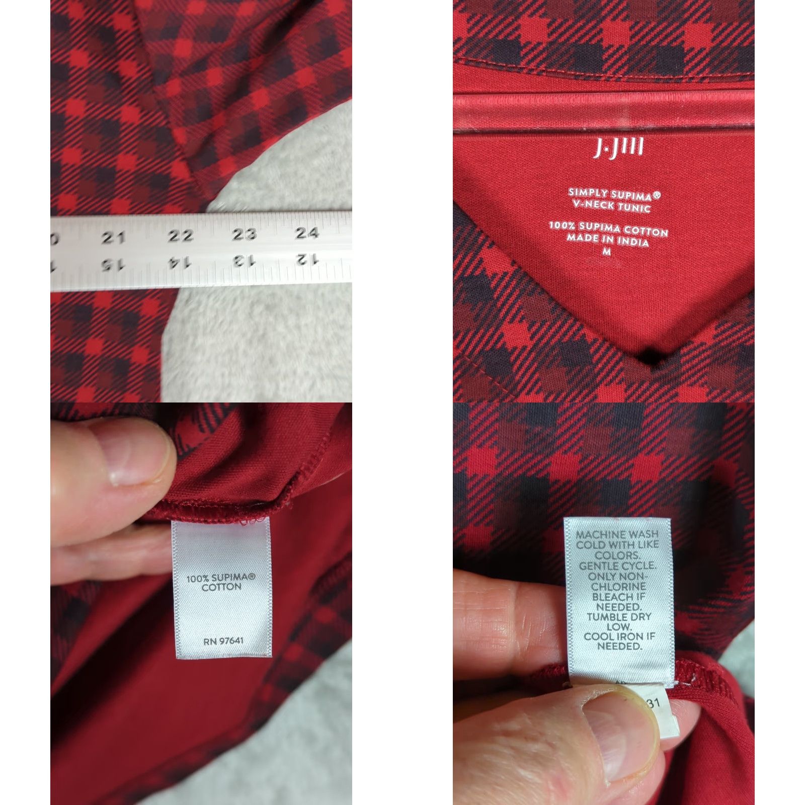J. Jill J. Jill Tunic Shirt Regular M Red Plaid V-Neck Knit 100% Cotton Long Sleeve Casual All Seasons Womens Size M / US 6-8 / IT 42-44 - 8 Thumbnail
