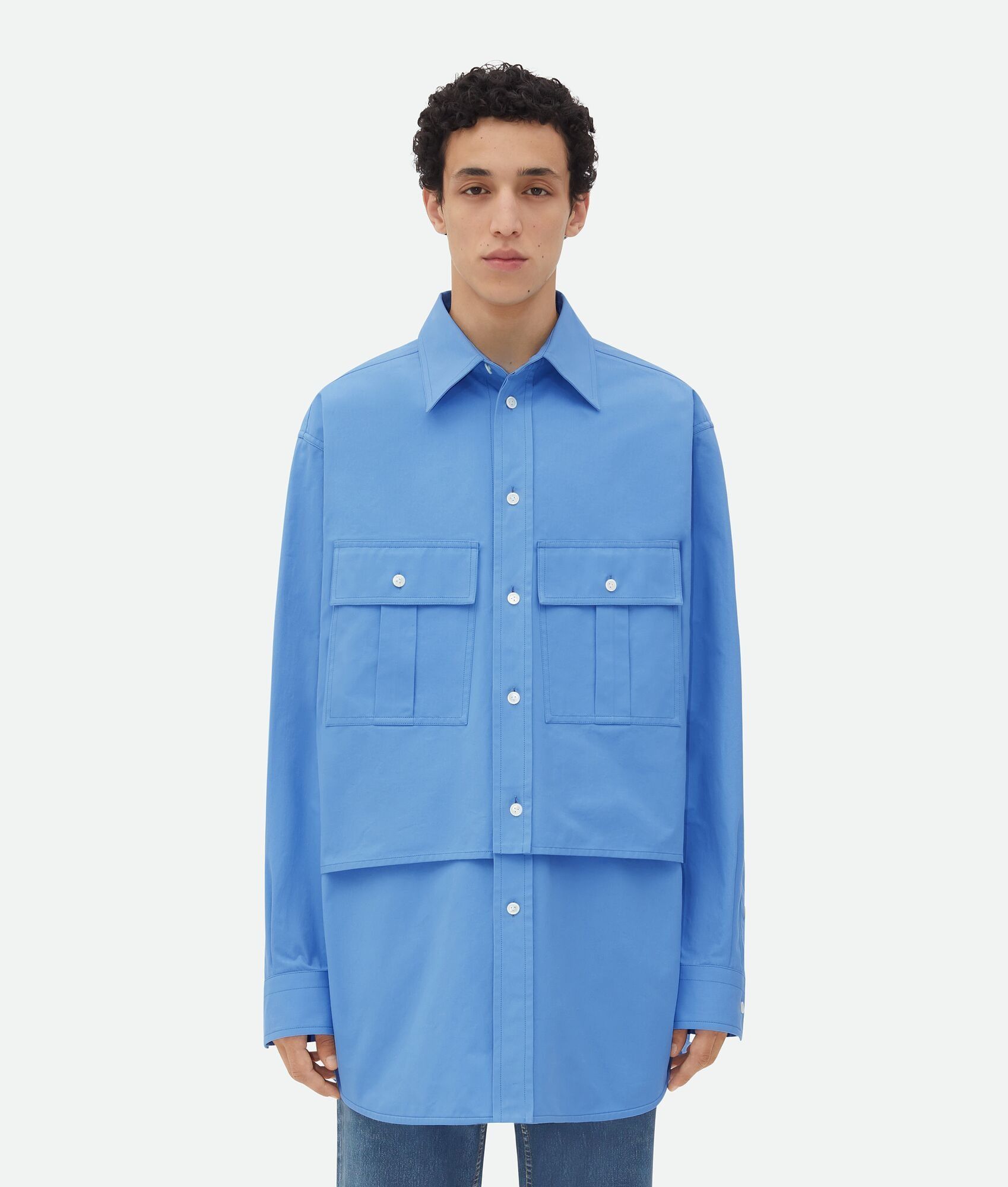 Bottega Veneta o1n1vont1224 Cotton Double Layer Shirt in Blue Size US M / EU 48-50 / 2 - 1 Thumbnail