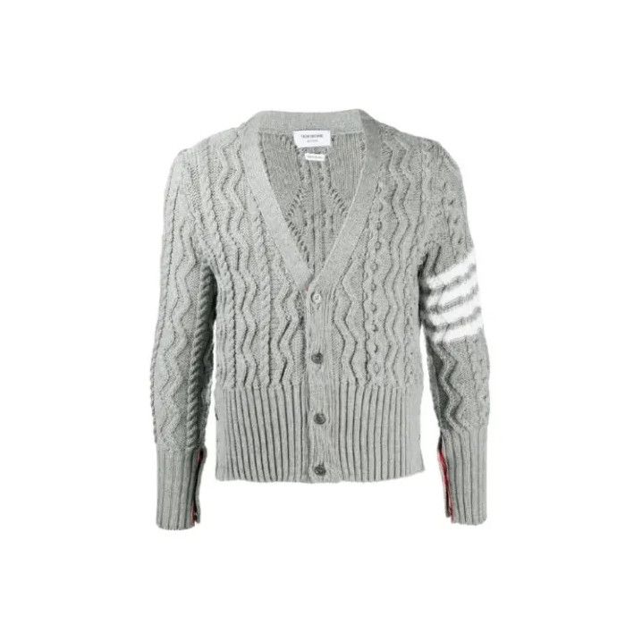 Thom Browne Thom Browne Gray Striped Cardigan Sweater for Men Size US S / EU 44-46 / 1 - 1 Thumbnail