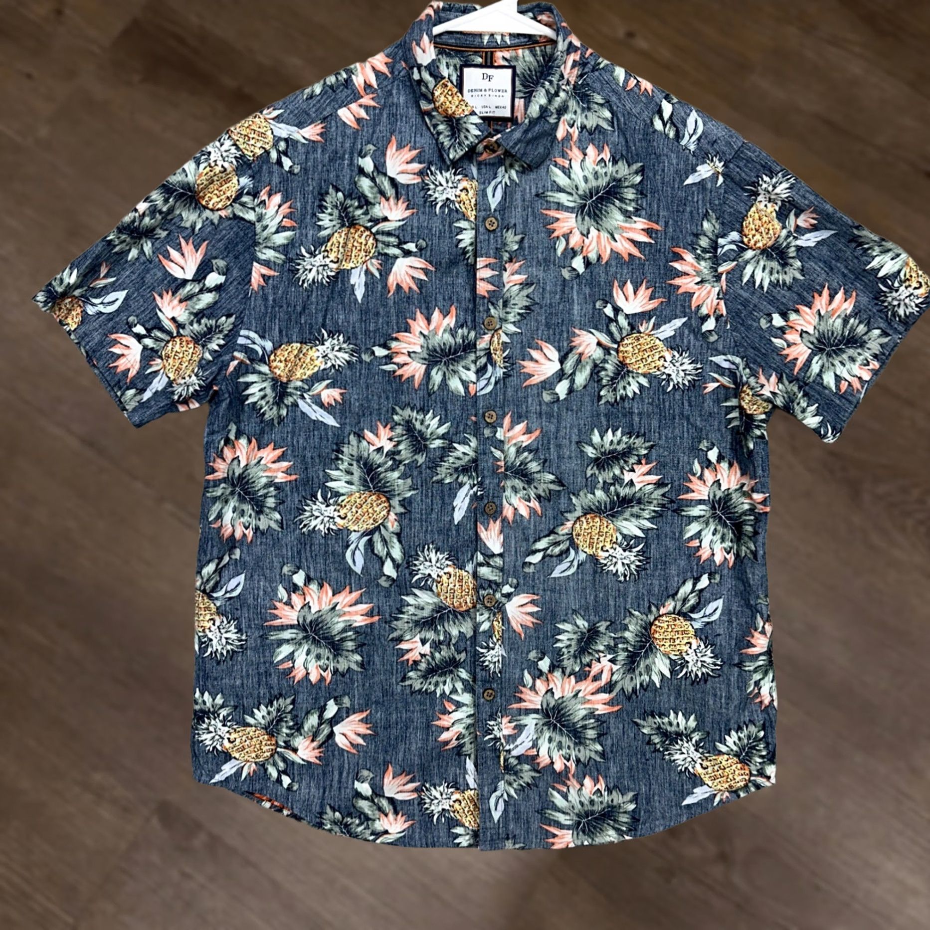 Vintage Denim Flower Mens Hawaiian Shirt Large Navy Pineapple Floral Slim Fit Button Up Size US L / EU 52-54 / 3 - 1 Thumbnail