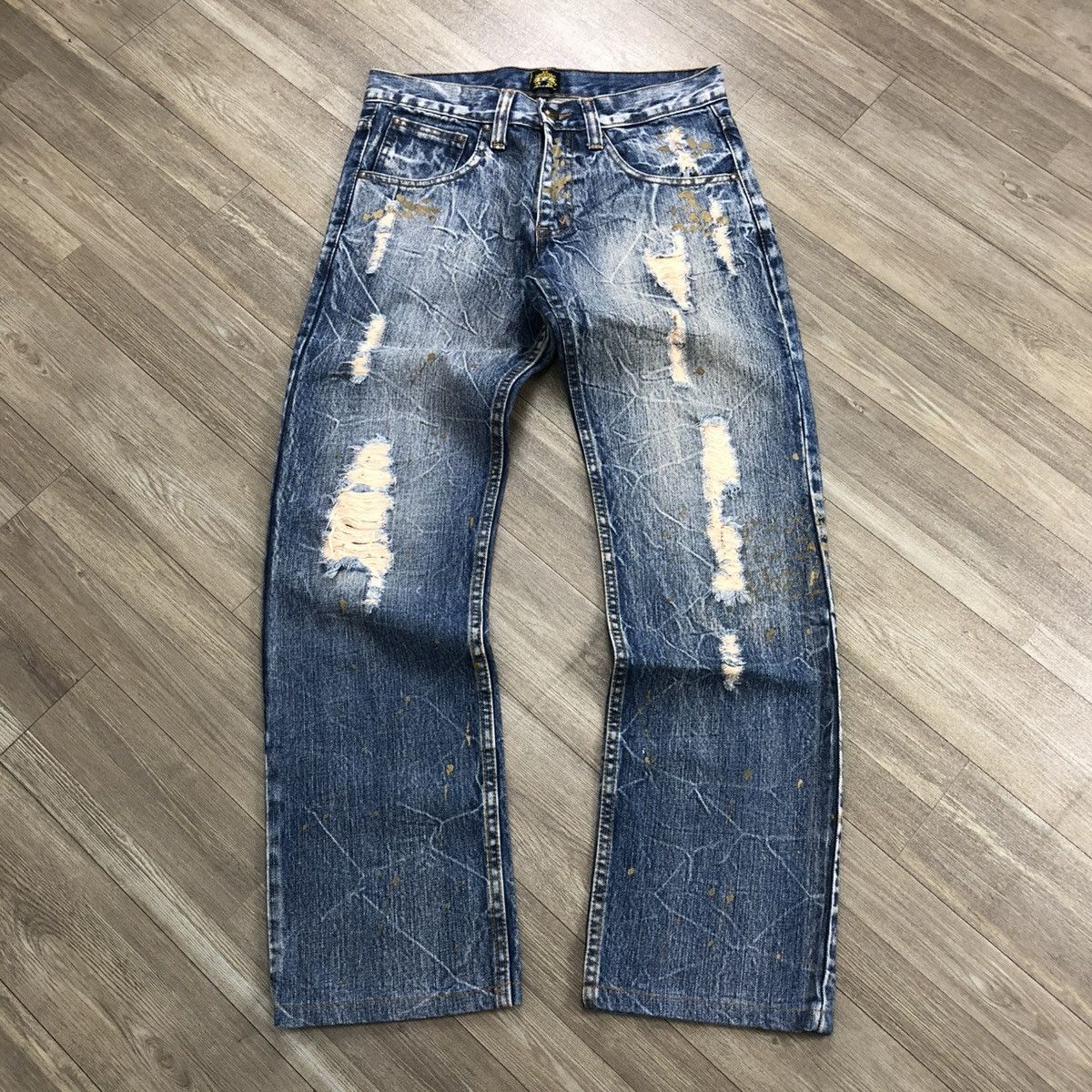 If Six Was Nine × Japanese Brand × Le Grande Bleu (L.G.B.) 2000s Legend Of Glamour Distressed Painted Faded Y2K Jeans Size US 31 - 1 Thumbnail