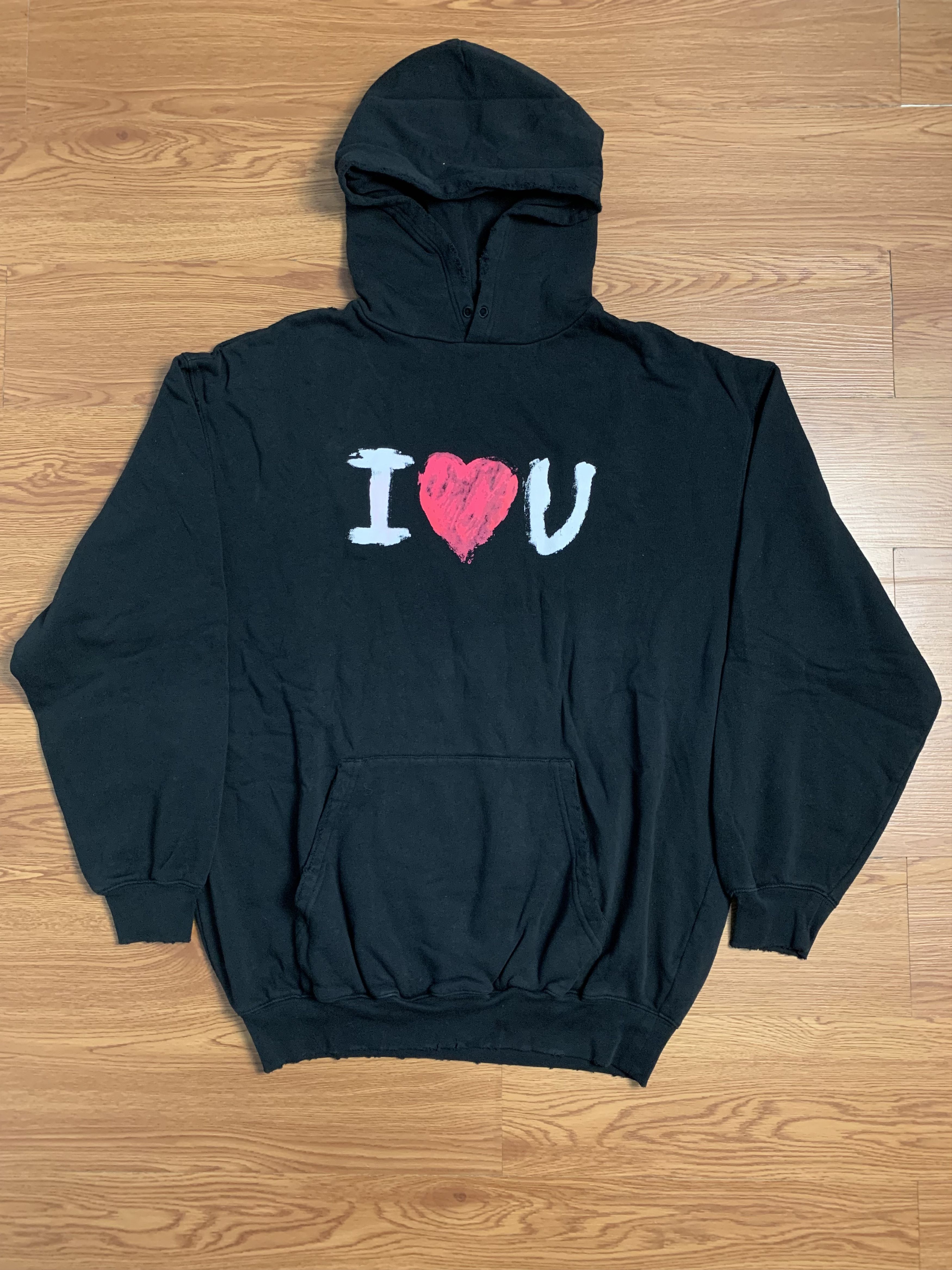 image of Balenciaga Love Distressed Hoodie in Black, Men's (Size Small)