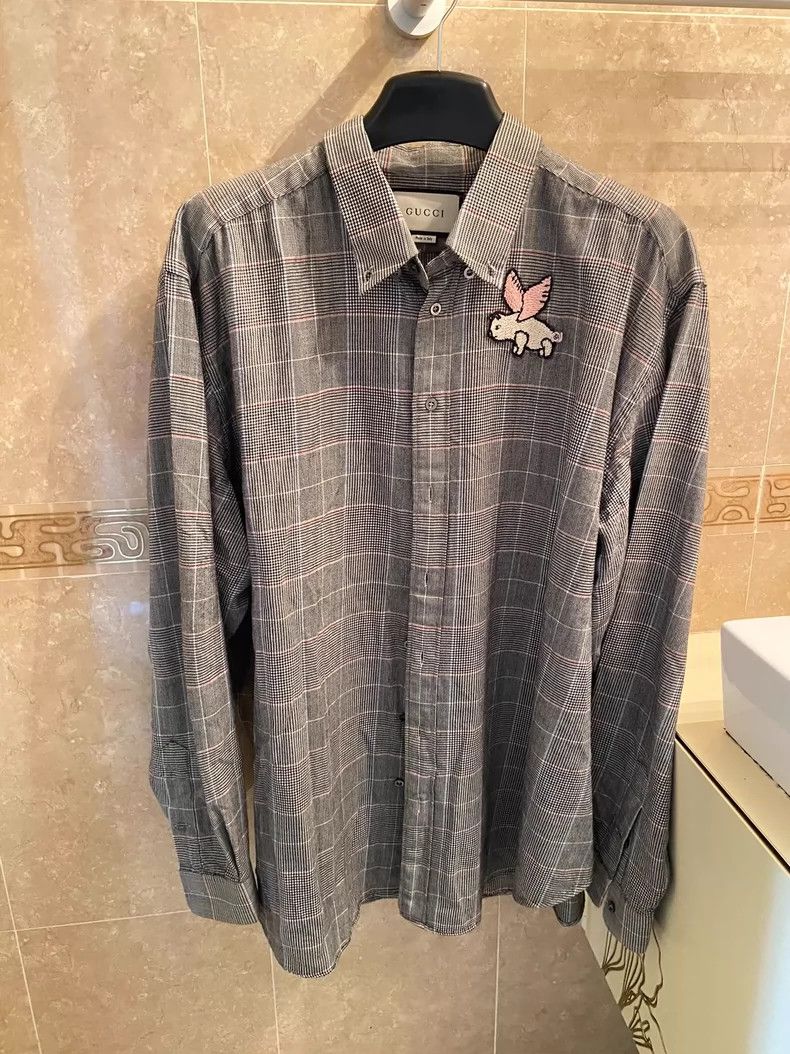 Gucci Gucci Limited edition gray Piggy embroidered wool plaid shi Size US S / EU 44-46 / 1 - 1 Thumbnail