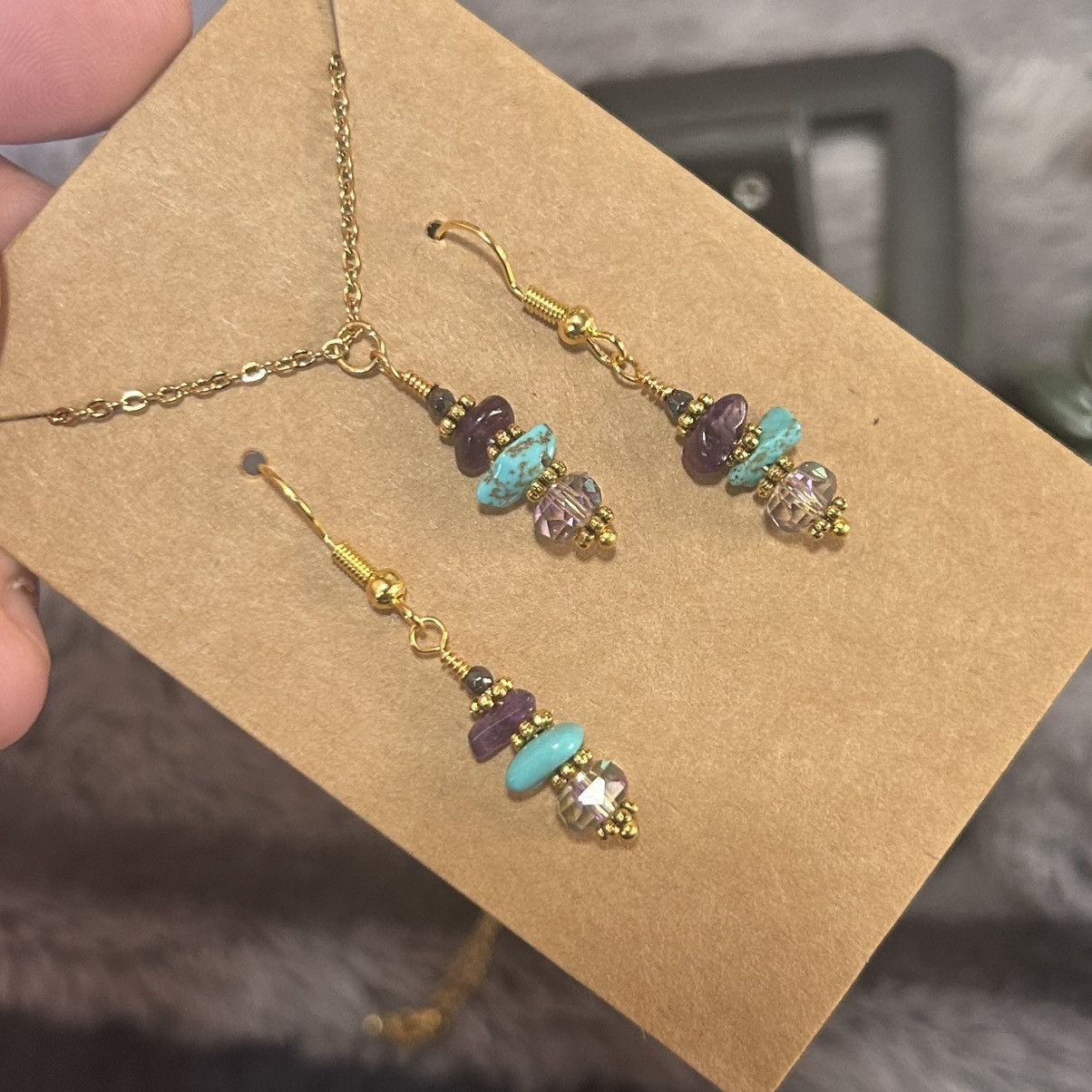 Handmade Handcrafted amethyst turquoise crystal necklace set Size ONE SIZE - 1 Thumbnail