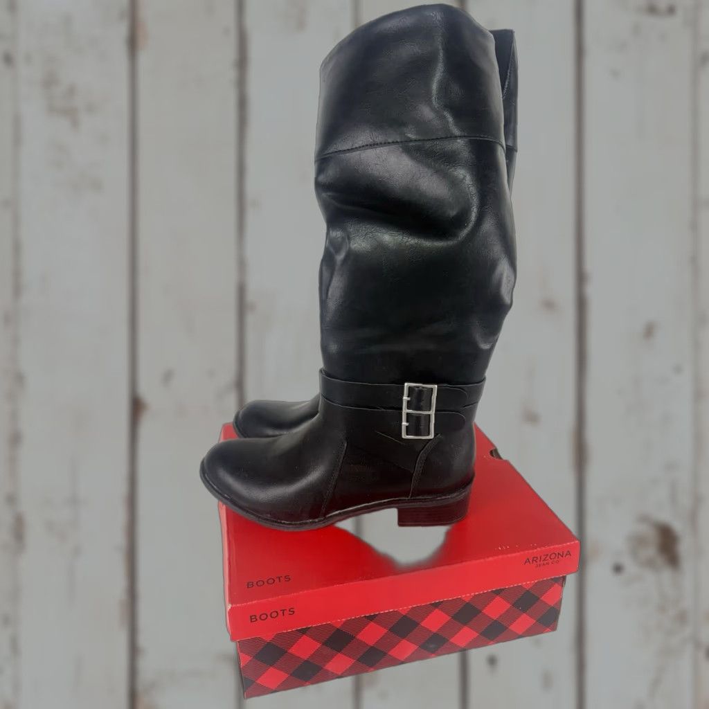 Vintage Arizona Denmark Black Faux Leather Knee High Riding Boots Womens Size 7.5M Size US 7.5 / IT 37.5 - 1 Thumbnail
