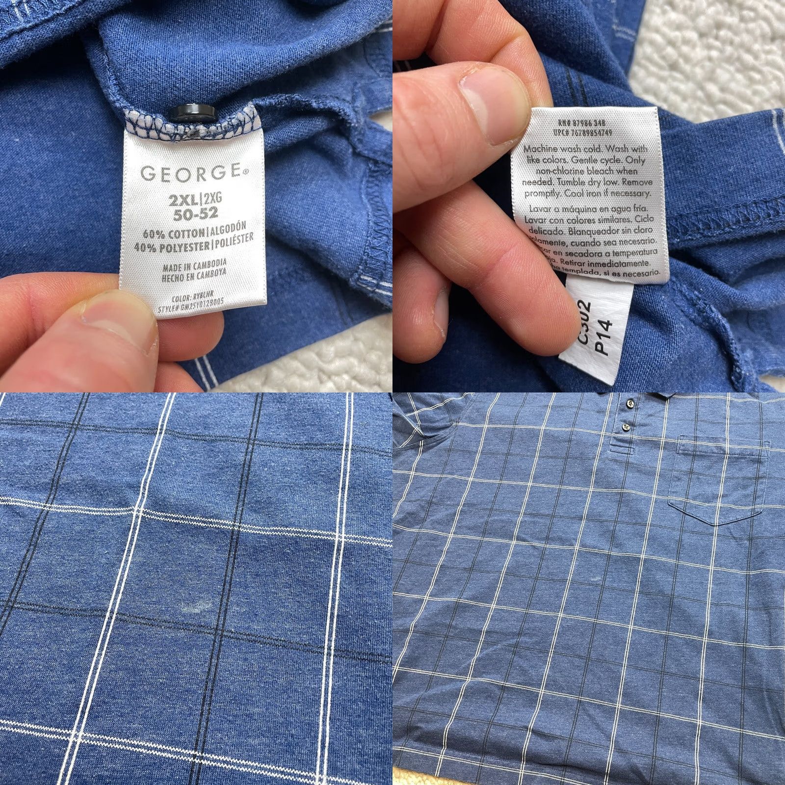 George George Polo Shirt Mens 2XL Blue Check Short Sleeve Cotton Knit Golf Rugby Polo Shirt Mens XXL 50-52 Casual Travel Shirts Polo shirt Mens Big & Tall Size US XXL / EU 58 / 5 - 8 Thumbnail