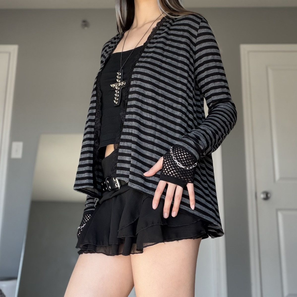 Other Mall Goth Black & Gray Striped Open Front Lace Trim Cardigan Size M / US 6-8 / IT 42-44 - 13 Thumbnail
