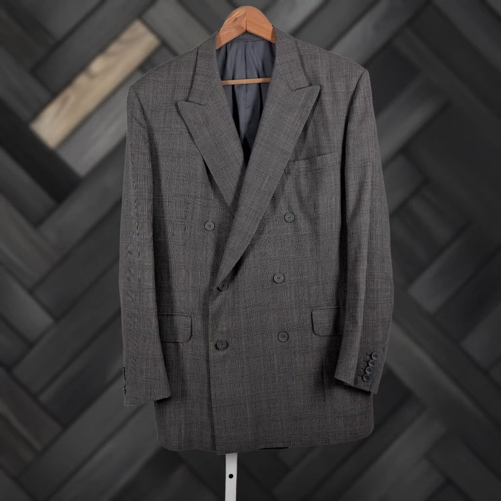 Huntsman VINTAGE Huntsman Savile Row Bespoke Double-Breasted Glen Plaid Suit Jacket England 90s Mens 42 Gray Blazer Jacket Size 42R - 1 Thumbnail