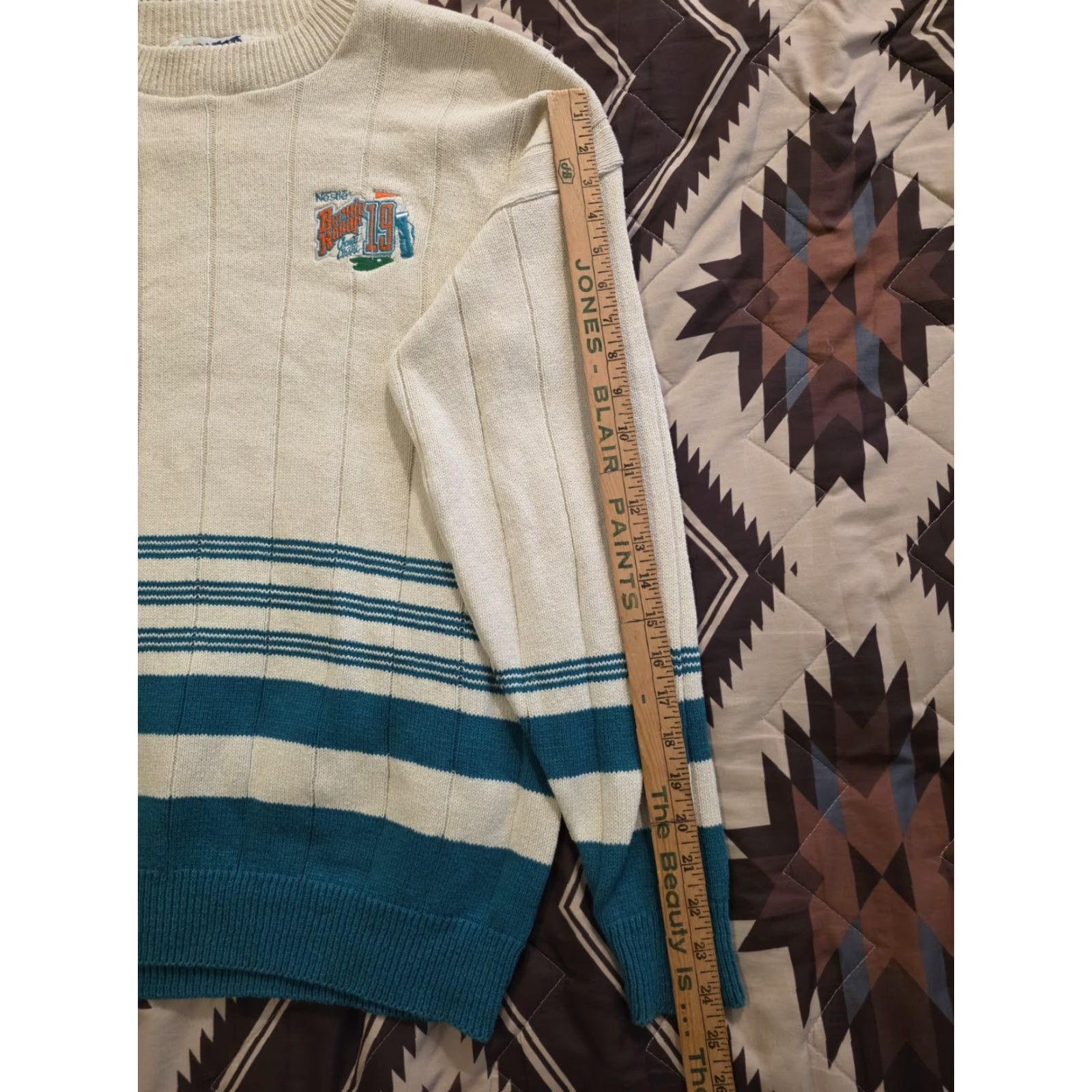Altea VINTAGE Graffiti Sweater Men XL Crew Neck Long Sleeve Cotton Knit Golf Patch Ivory Teal 90s Preppy Casual Mens Size US XL / EU 56 / 4 - 7 Thumbnail