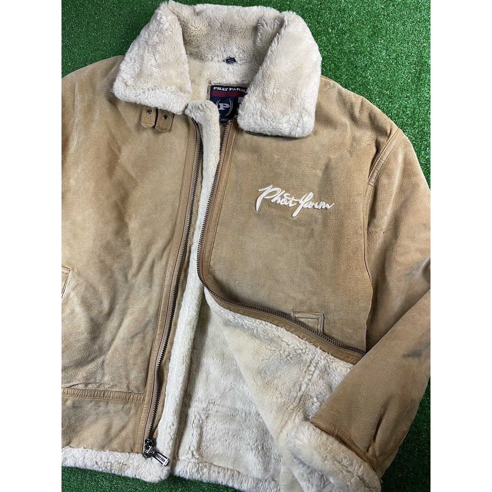 Image of Vintage Y2K Phat Farm Shearling Leather XL Beige Jacket Coat, Men's