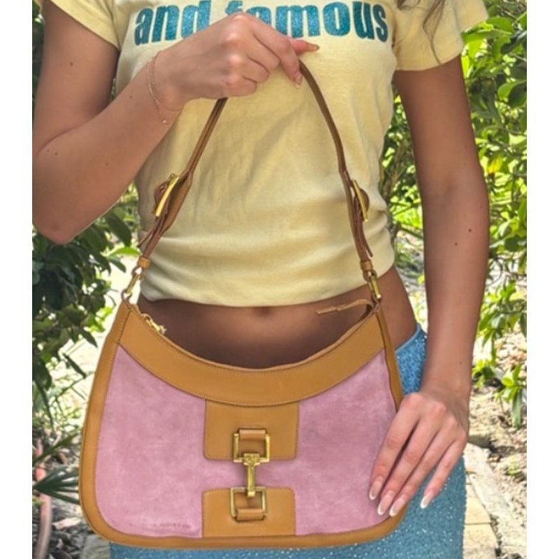Gucci GUCCI Jackie Shoulderbag Half Moon Pink Suede Tan Leather Size ONE SIZE - 1 Thumbnail