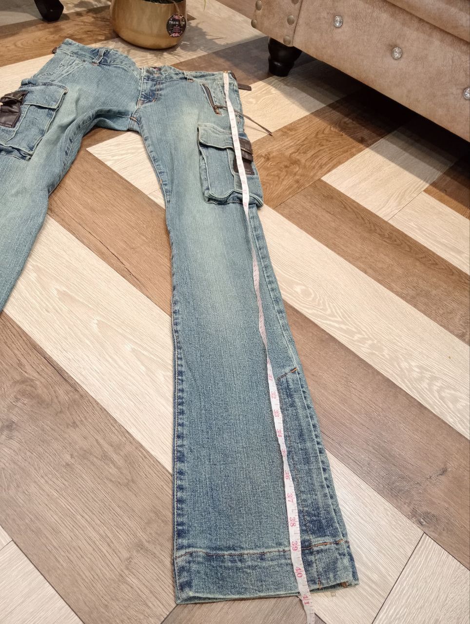 If Six Was Nine TEA FOR TWO JAPAN FLARED STRETCH CARGO ANKLE ZIP JEANS Size US 31 - 15 Thumbnail