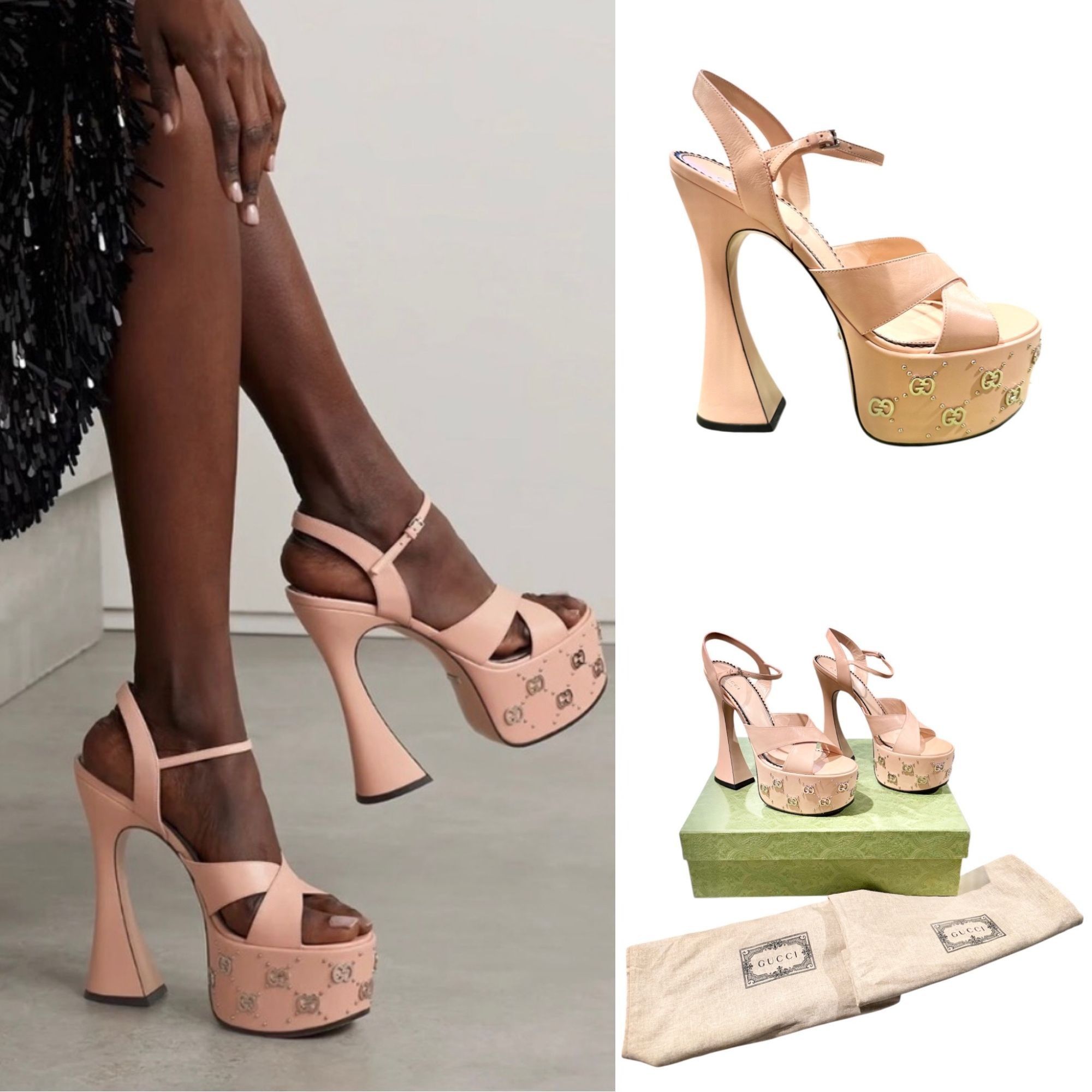 Gucci NIB Gucci Janaya Platform Sandals Pink GG Studded Heels EU 4 Size US 10 / IT 40 - 1 Thumbnail