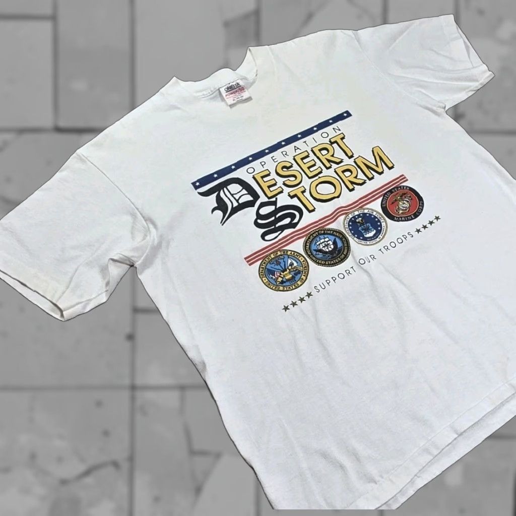 Vintage VINTAGE Oneita T Shirt Adult XL Support Our Troops Desert Storm 1991 USA Made White Cotton Navy Army Marines Mens XL Shirt Size US XL / EU 56 / 4 - 1 Thumbnail