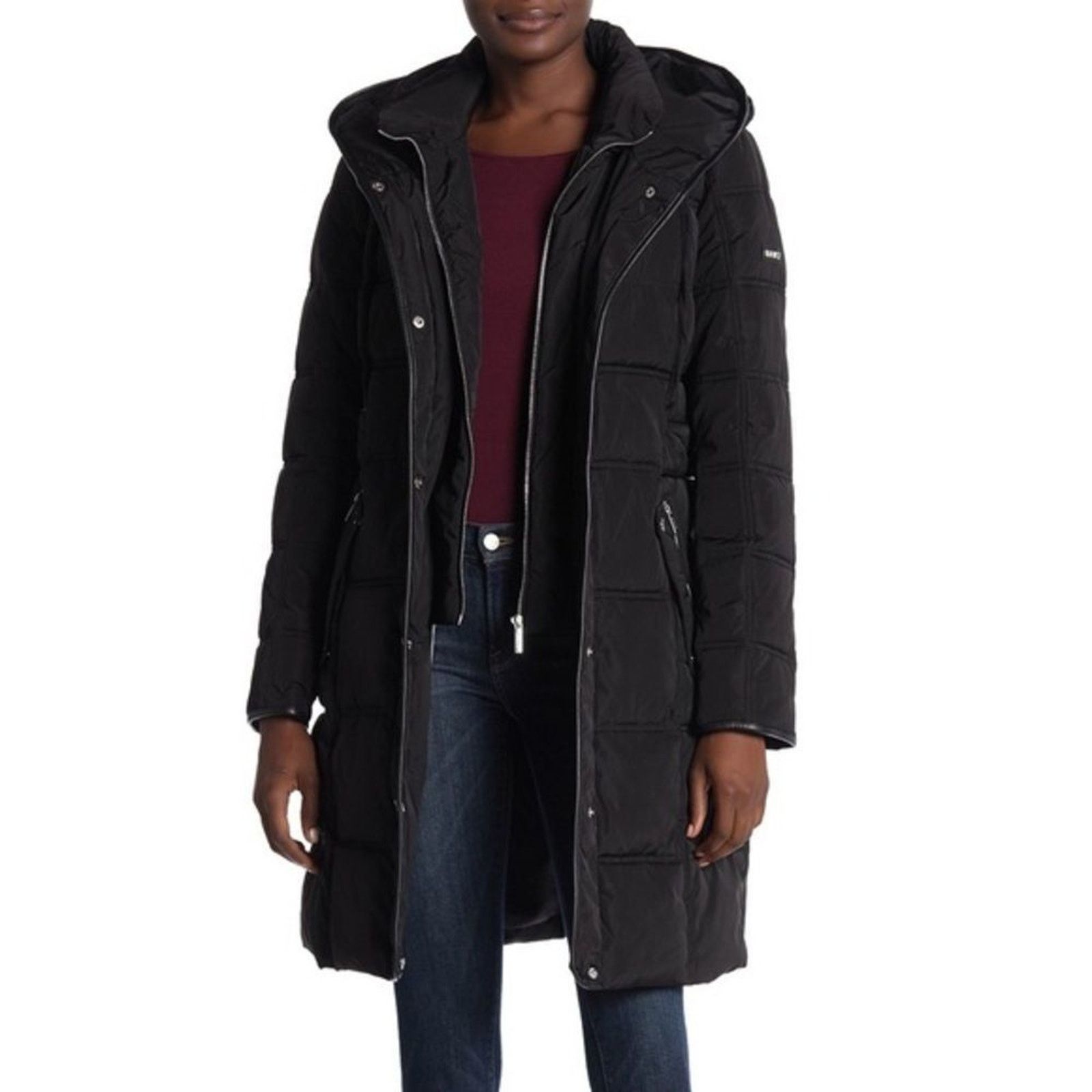 DKNY Women'n Black Hooded Down Coat Sz Large