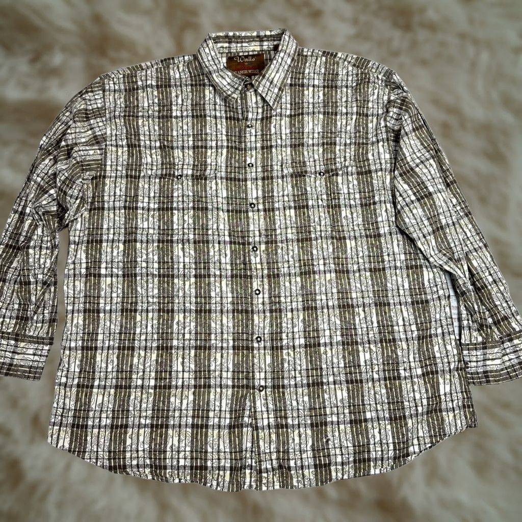 Walls Walls Mens Pearl Snap Western Shirt 2XL Brown Beige Plaid Cotton Shirt Mens Western 2XL Brown Size US XXL / EU 58 / 5 - 1 Thumbnail