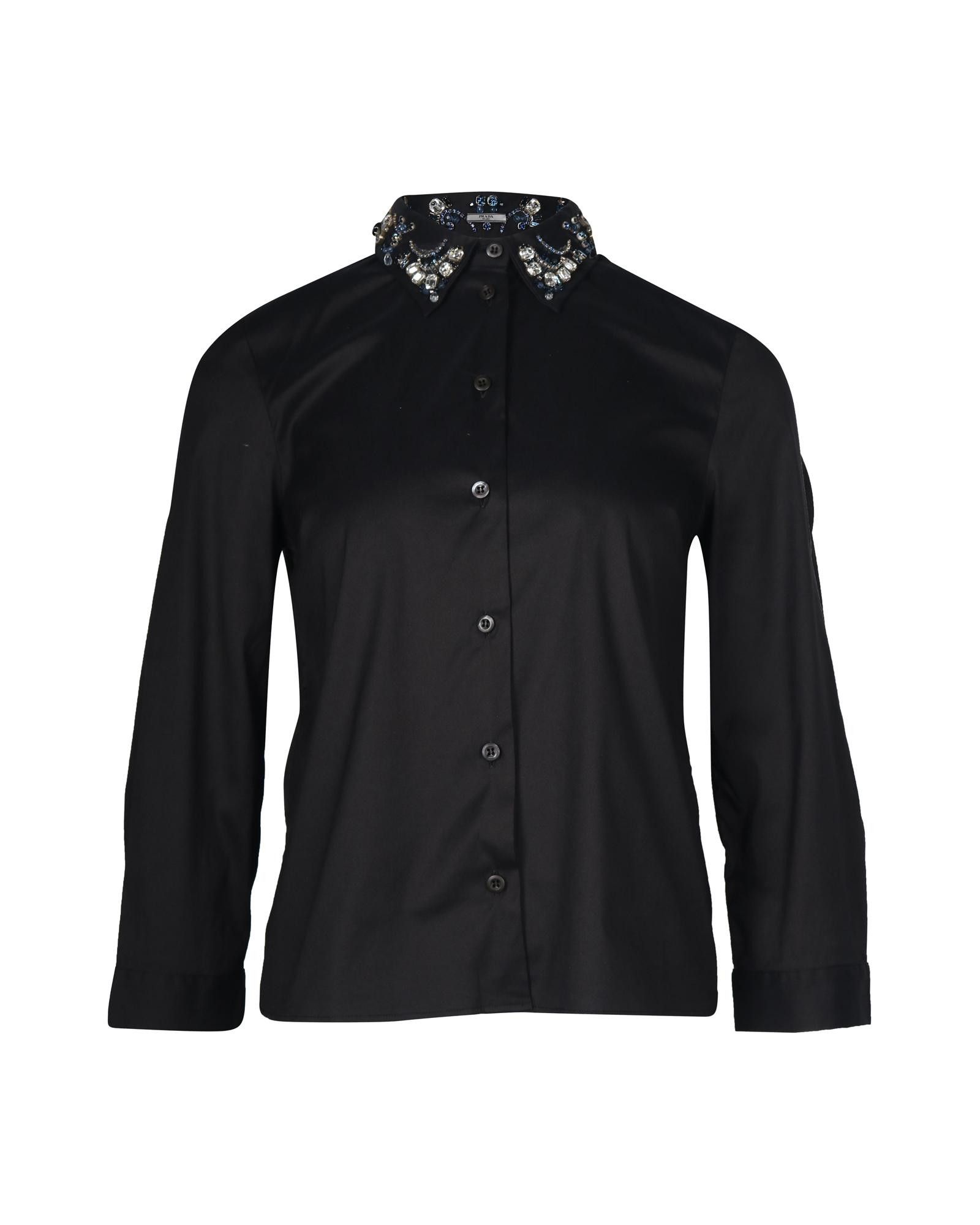 image of Embellished Collar Black Cotton Shirt By Prada, Women's (Size Small)