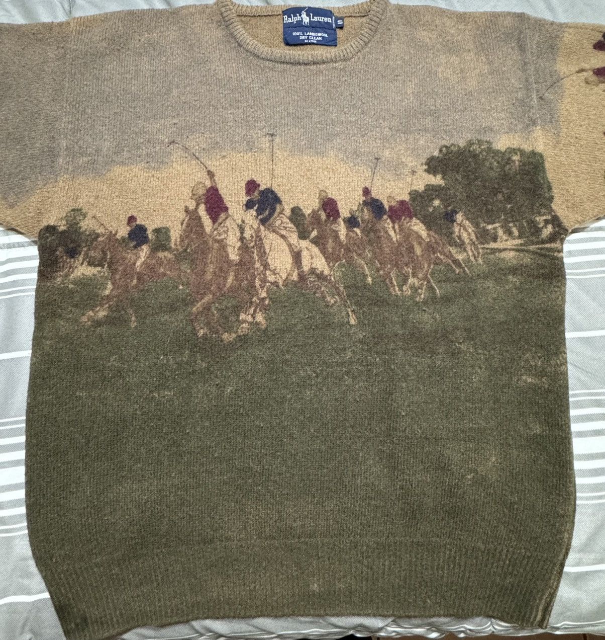 Vintage Ralph Lauren Equestrian Lambswool Sweater Tan Polo Horses high quality Dogs Womens M