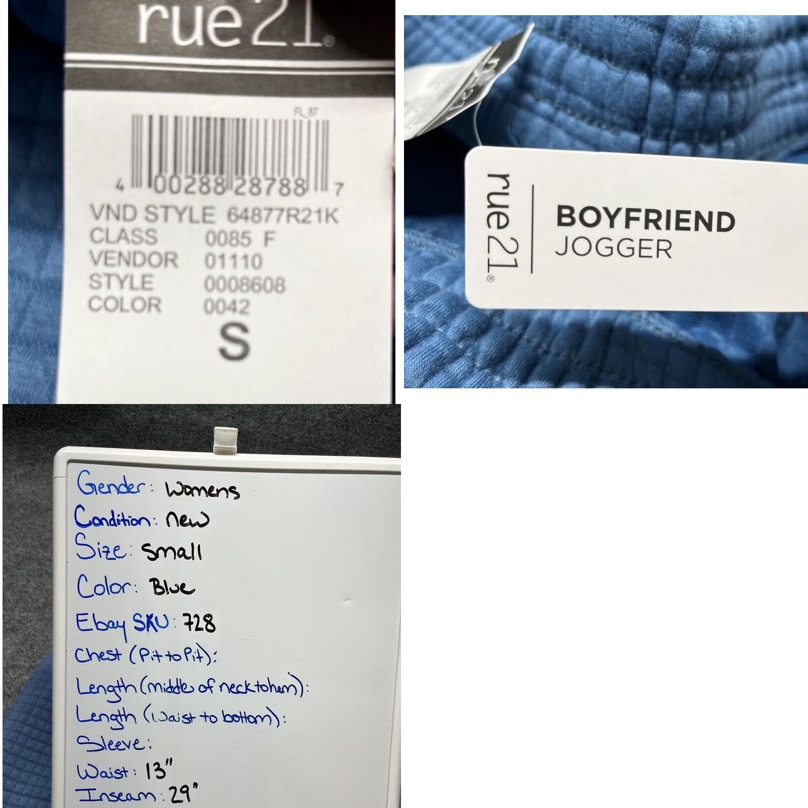 Vintage Rue21 Boyfriend Jogger Pants Womens S Blue Pockets Elastic Waist Quilted New Size 26" / US 2 / IT 38 - 8 Thumbnail