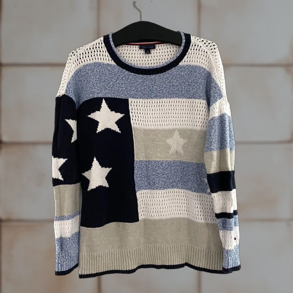 Tommy Hilfiger Tommy Hilfiger Mens Small Blue White Striped Stars Knit Long Sleeve Sweater Shirt Pullover Maternity? Size US M / EU 48-50 / 2 - 1 Thumbnail