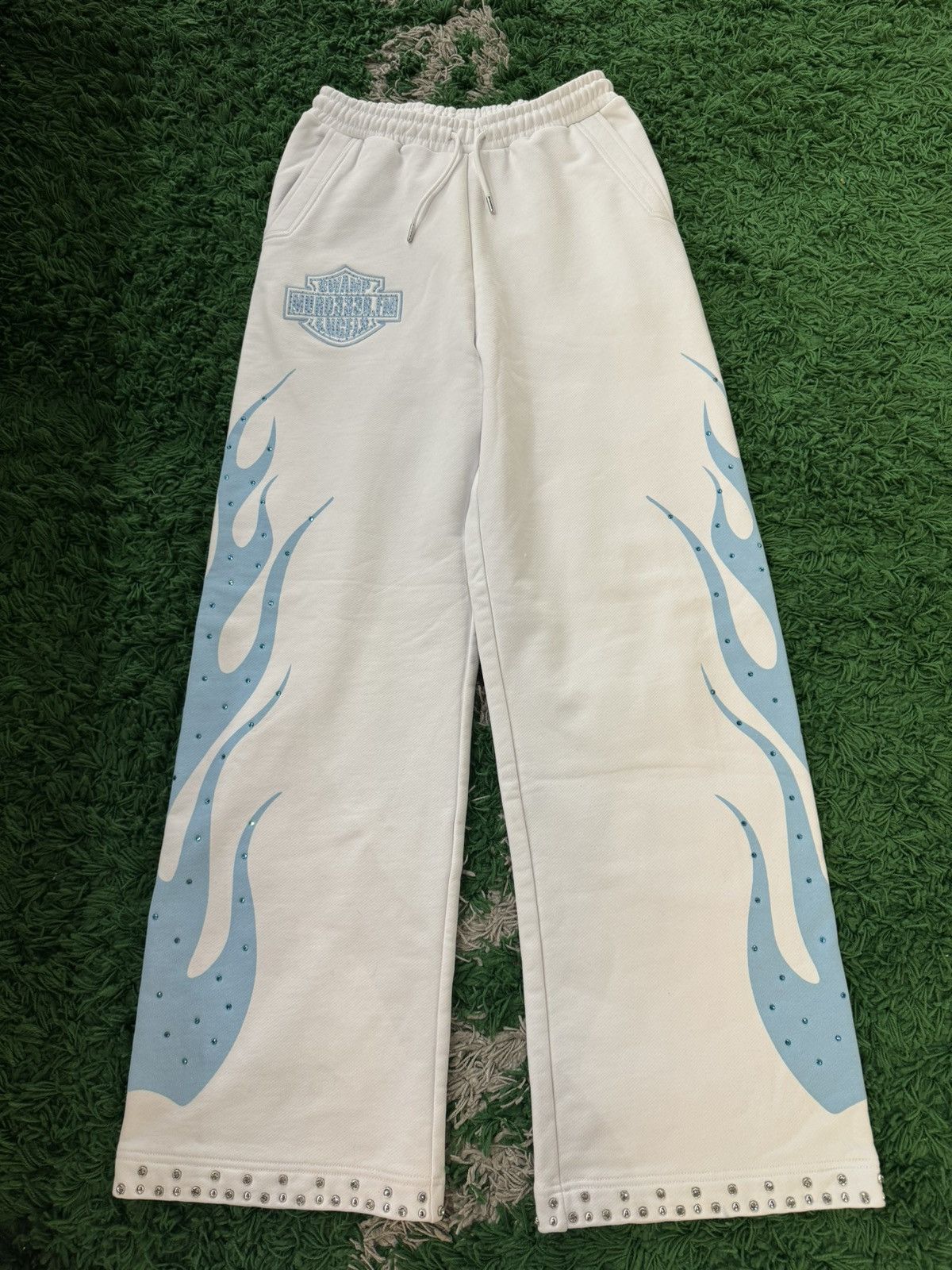 image of Murd333R Fm Murd333R.fm Rhinestone Swamp Angels Flared Sweatpants in White, Men's (Size 34)