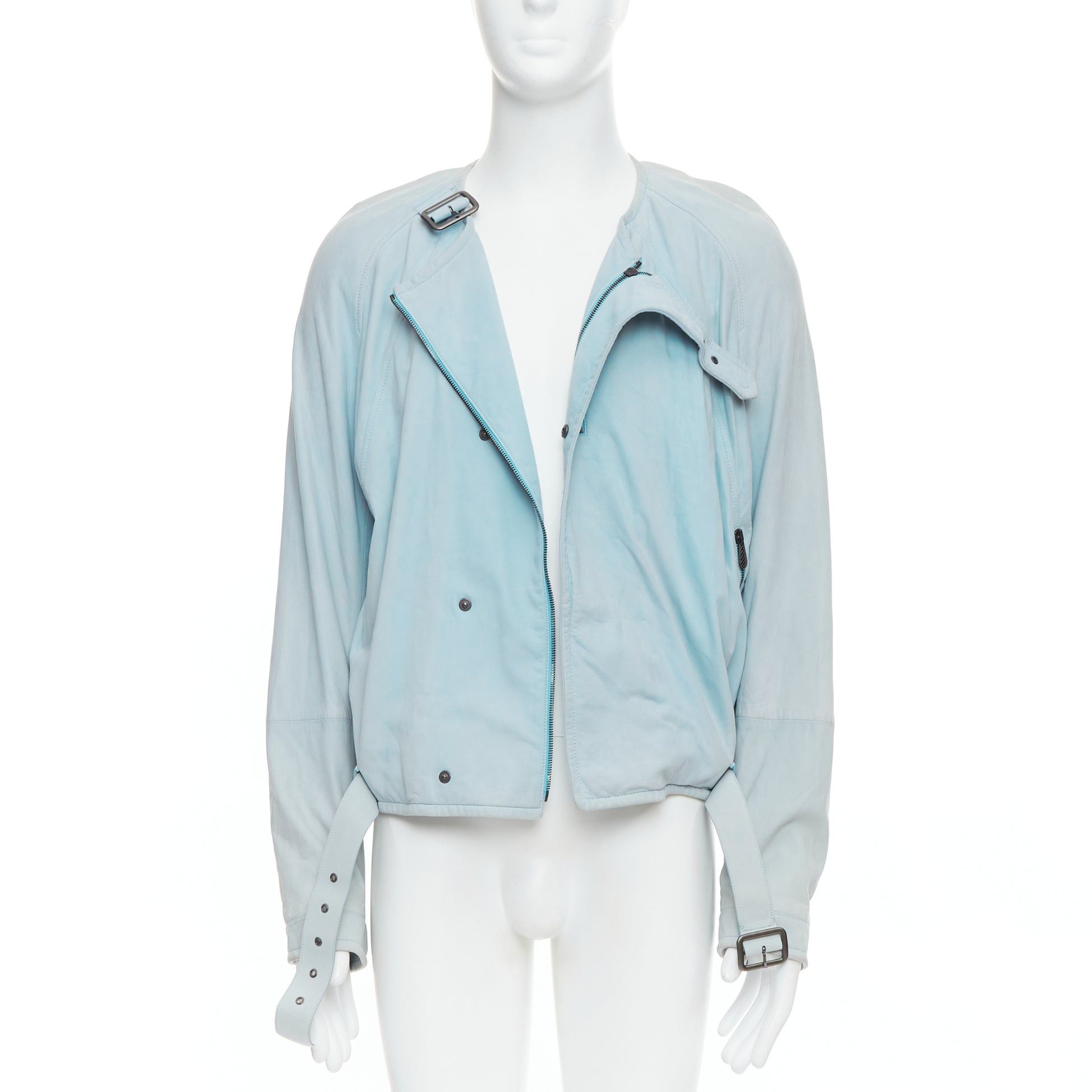 Bottega Veneta BOTTEGA VENETA light blue soft leather off centre biker jacket IT50 L Size US L / EU 52-54 / 3 - 1 Thumbnail