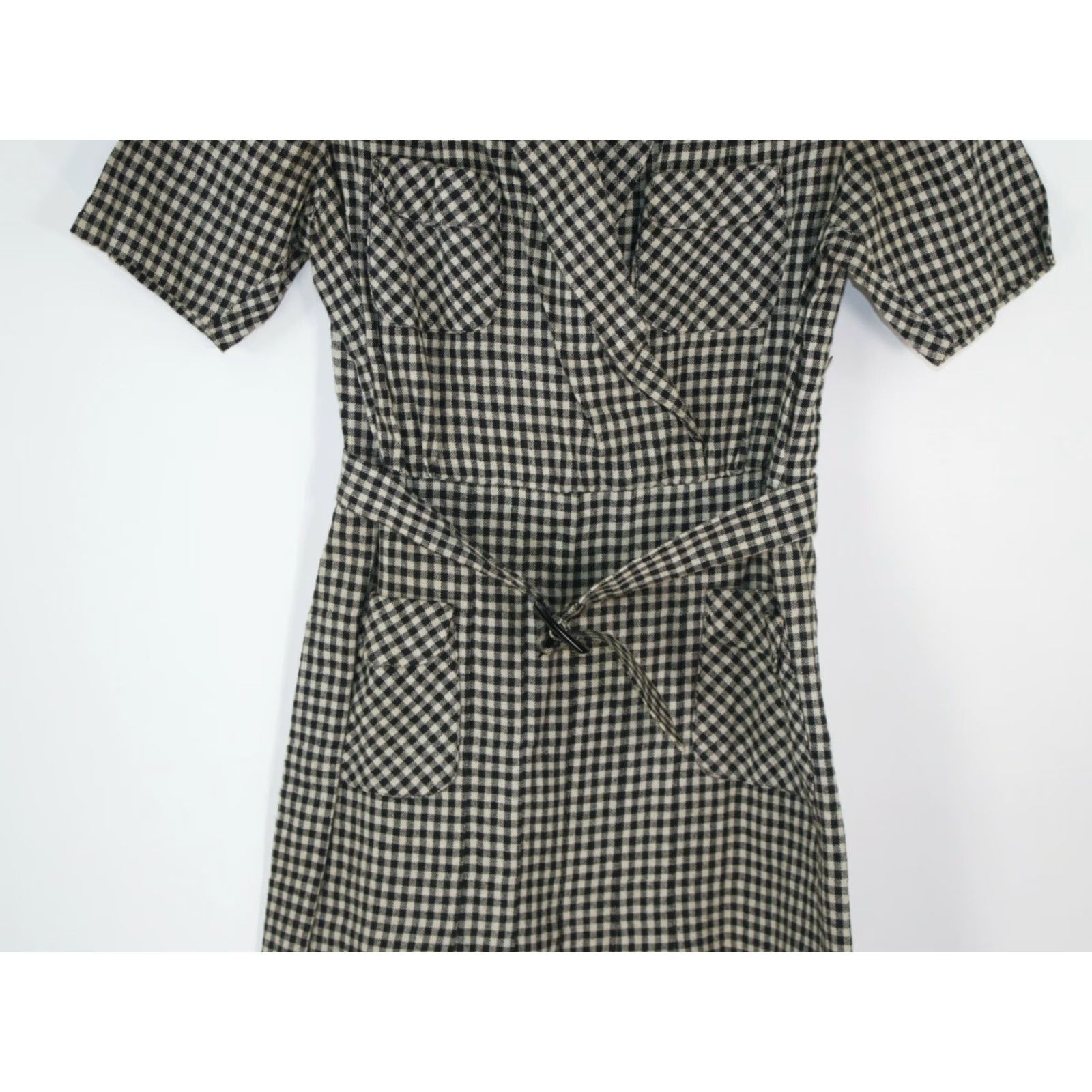 Vintage VTG Shawl Collared Pocket Dress Women's Size M Front Short Sleeves Plaid Black Size 32" / US 10 / IT 46 - 4 Thumbnail