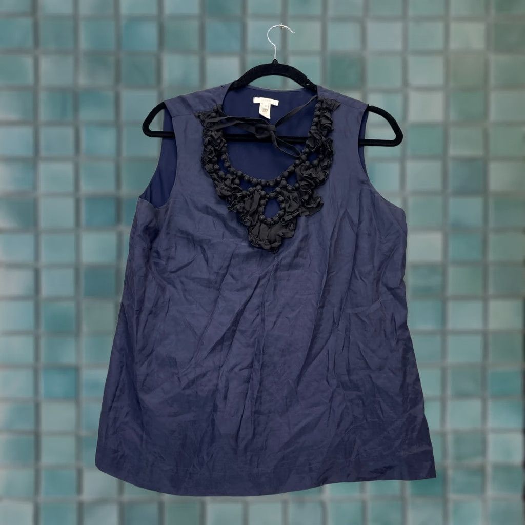 J.Crew J.CREW Blouse Womens 10 Blue Cotton Silk Sleeveless Beaded Ruffle Neck Side Zip Shirt Bodice Casual Party/Cocktail Girls Womens Size L / US 10 / IT 46 - 1 Thumbnail