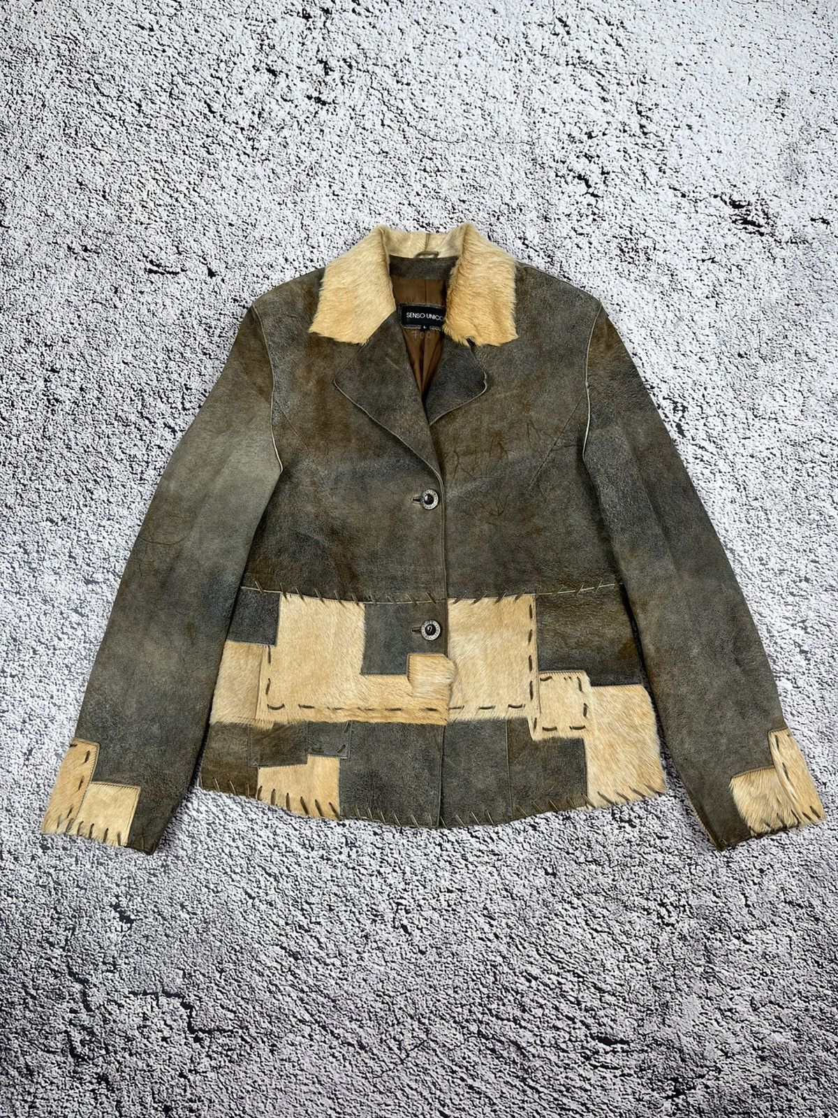 Vintage Patchwork Suede Cowhide Fur Collar Jacket