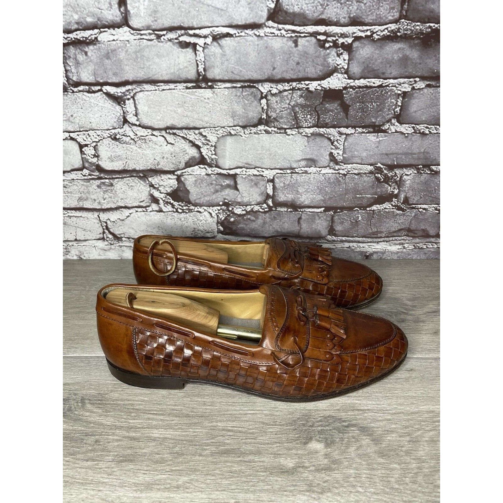 Johnston & Murphy Johnston & Murphy Brown Leather Woven Kiltie Tassel Loafers Size US 12 / EU 45 - 15 Thumbnail