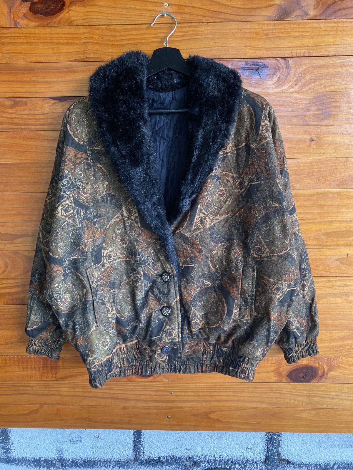 Vintage 1980s–1990s Baroque Pattern Bomber Jacket Faux Fur Collar Size L / US 10 / IT 46 - 3 Thumbnail