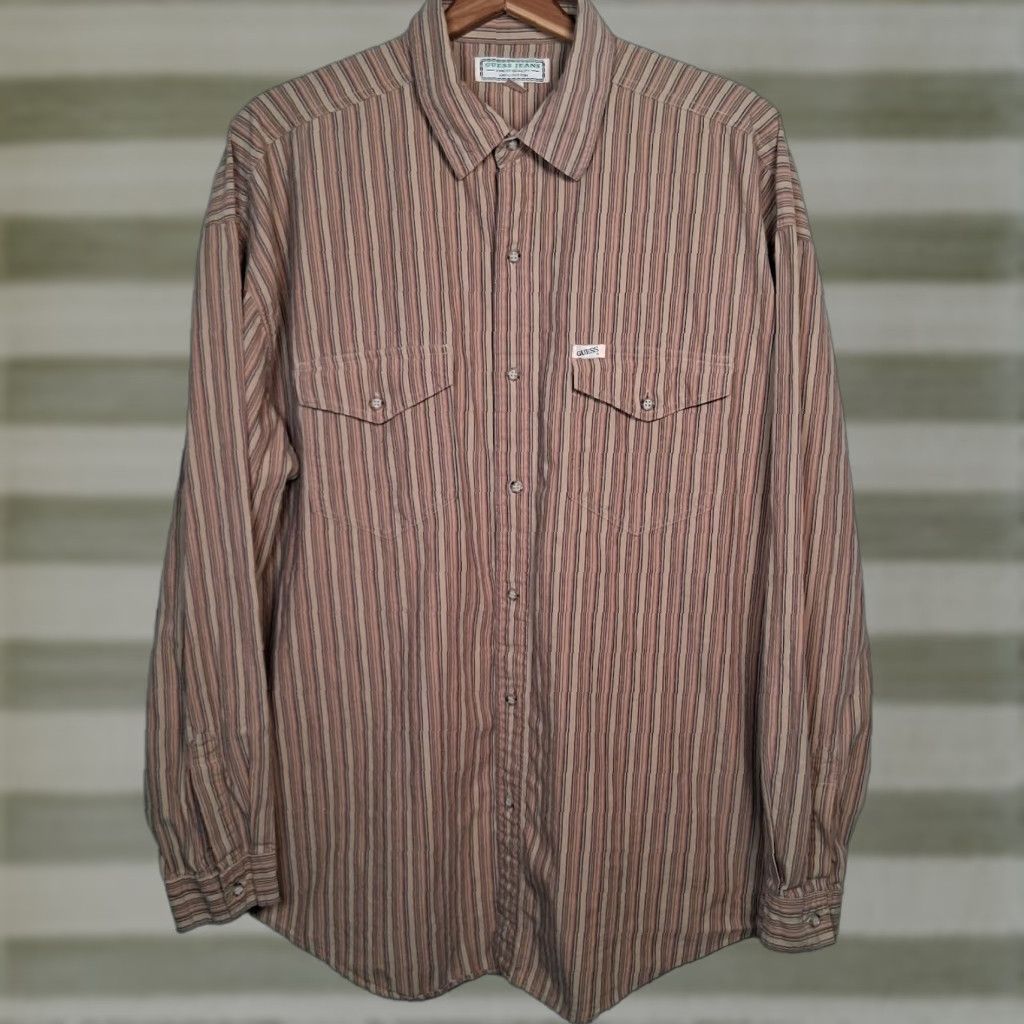 Guess VINTAGE Guess Jeans Shirt Men L Beige Striped Button Up SAMPLE 90s 1990s Cotton Carded? Size US L / EU 52-54 / 3 - 1 Thumbnail