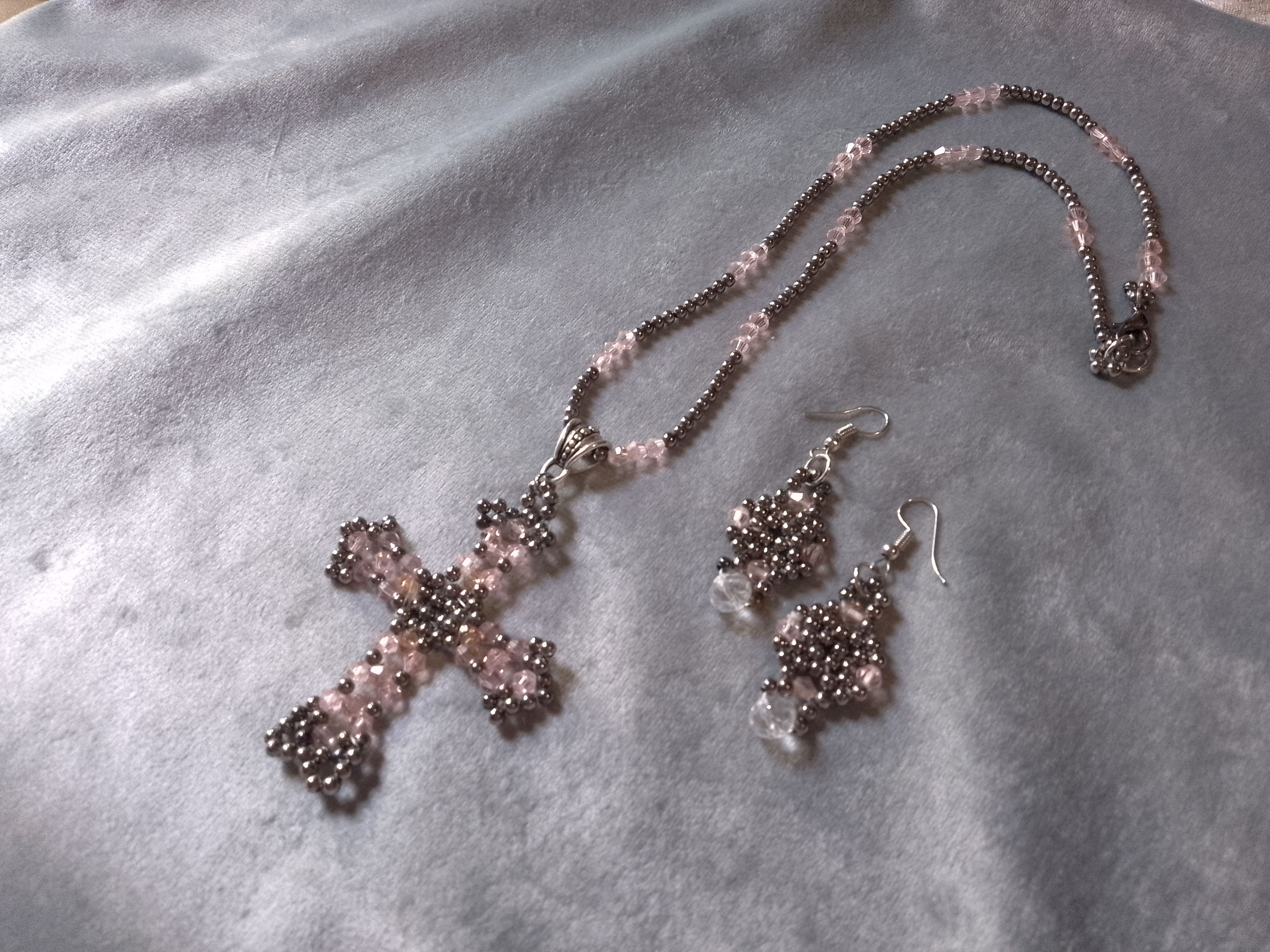 Handmade Necklace with cross pendant Earrings. Pink crystal+ brass Size ONE SIZE - 3 Thumbnail