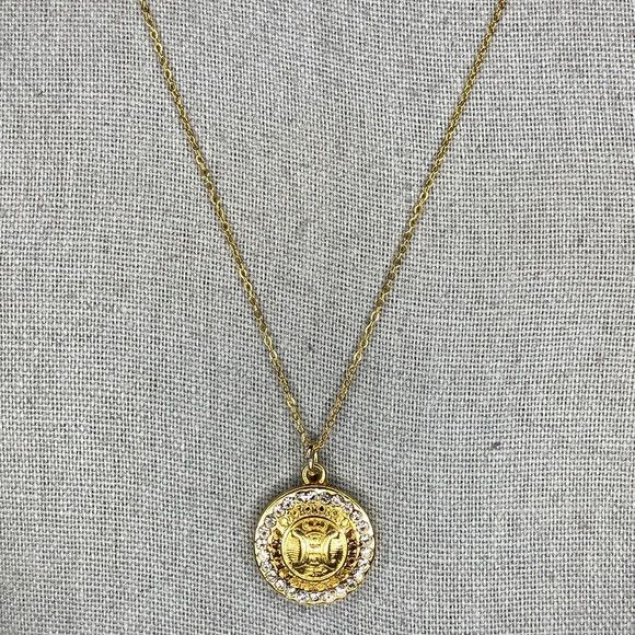 Celine CELINE Logo Goldtone Metal and Rhinestone Pendant Necklace Size ONE SIZE - 2 Thumbnail