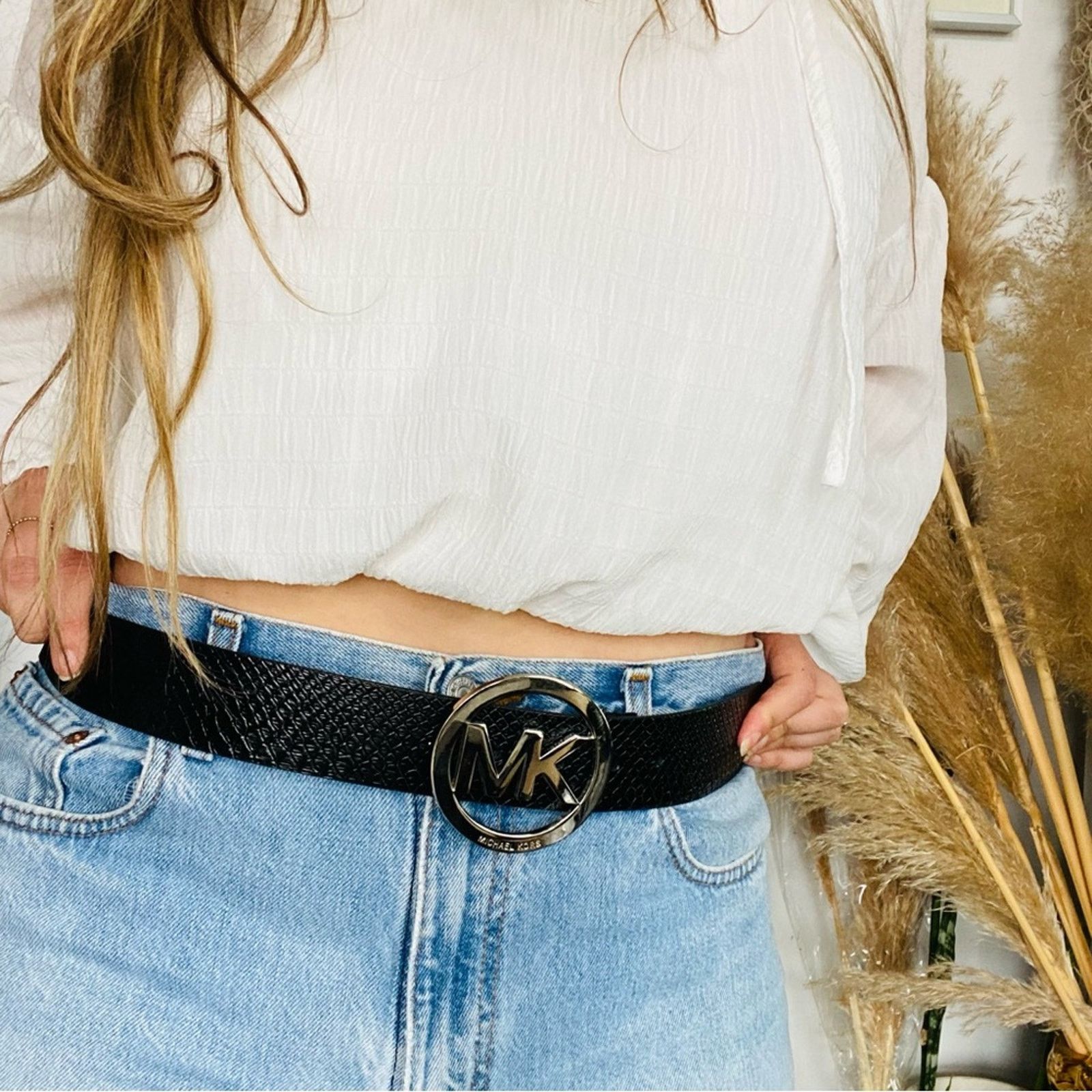 NEW MK MICHAEL KORS Silver Black Faux Vegan Leather Belt