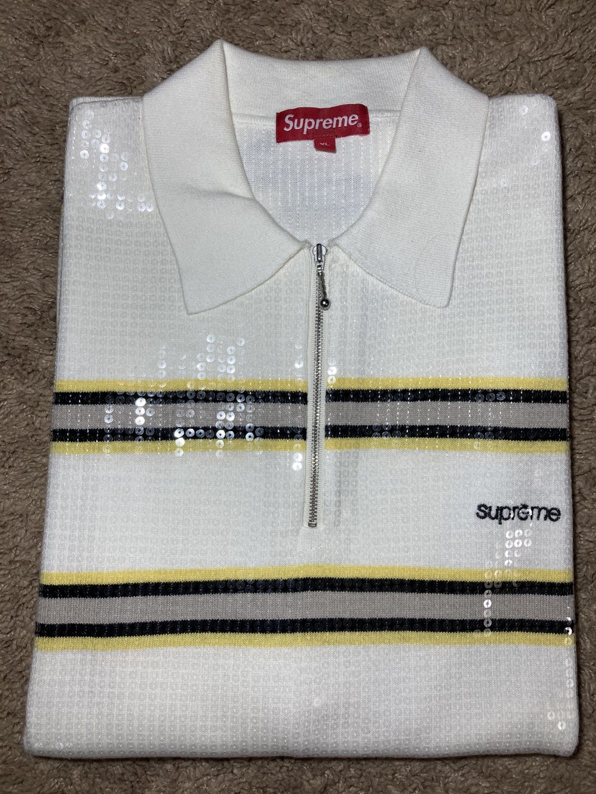 Supreme Stripe Zip Up Polo Sweater 