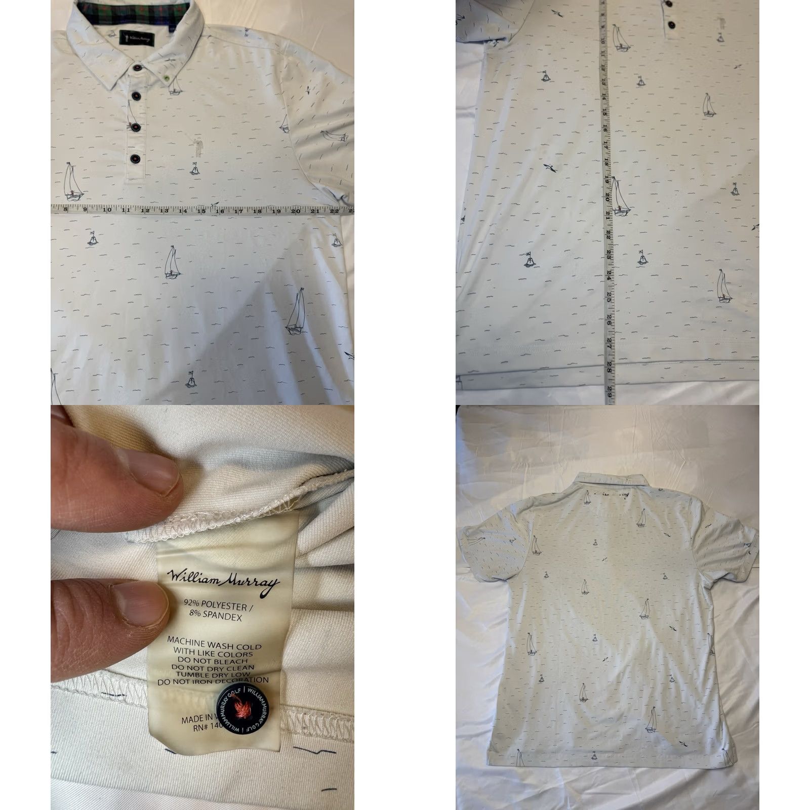 Vintage William Murray Golf Polo Shirt White Printed Sailboats Short Sleeved Mens Large Size US L / EU 52-54 / 3 - 8 Thumbnail