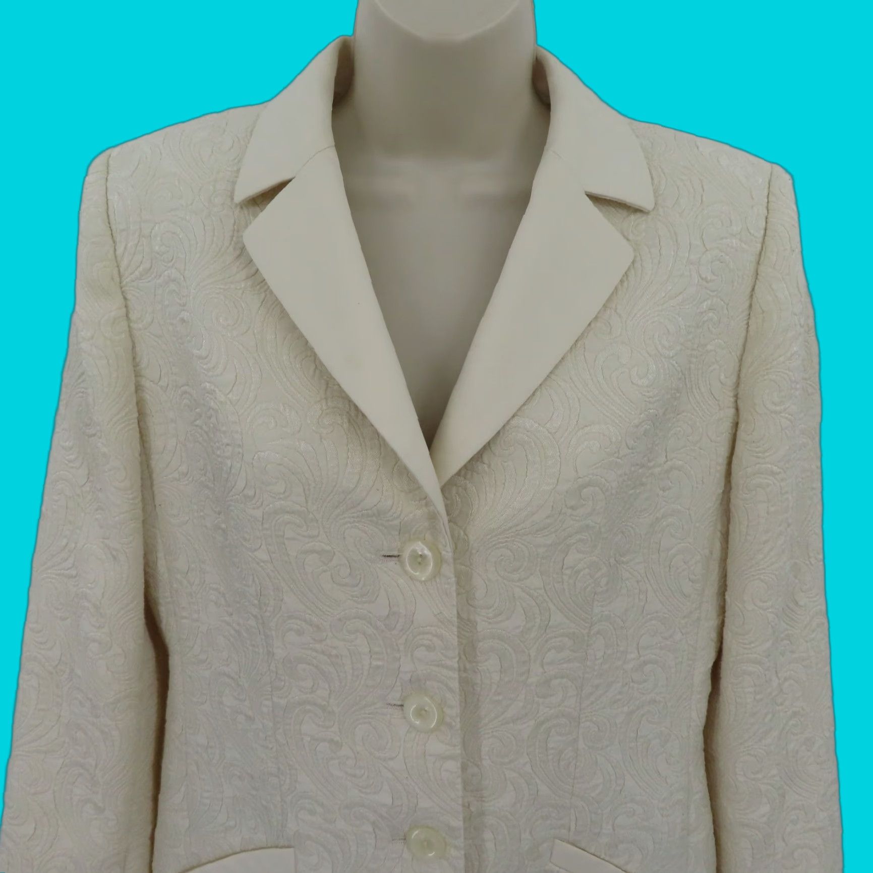 Le Suit Women Jacket Ivory Cream Damask Scroll Long Collared Coat Formal Business Casual Party/Cocktail Workwear