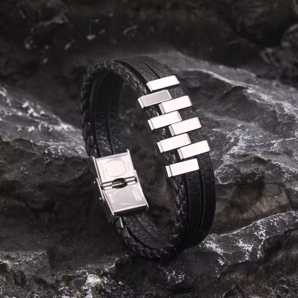 Jewelry × Leather Leather Stylish Stainless Steel 3 Layer Black Bracelets Size ONE SIZE - 6 Thumbnail