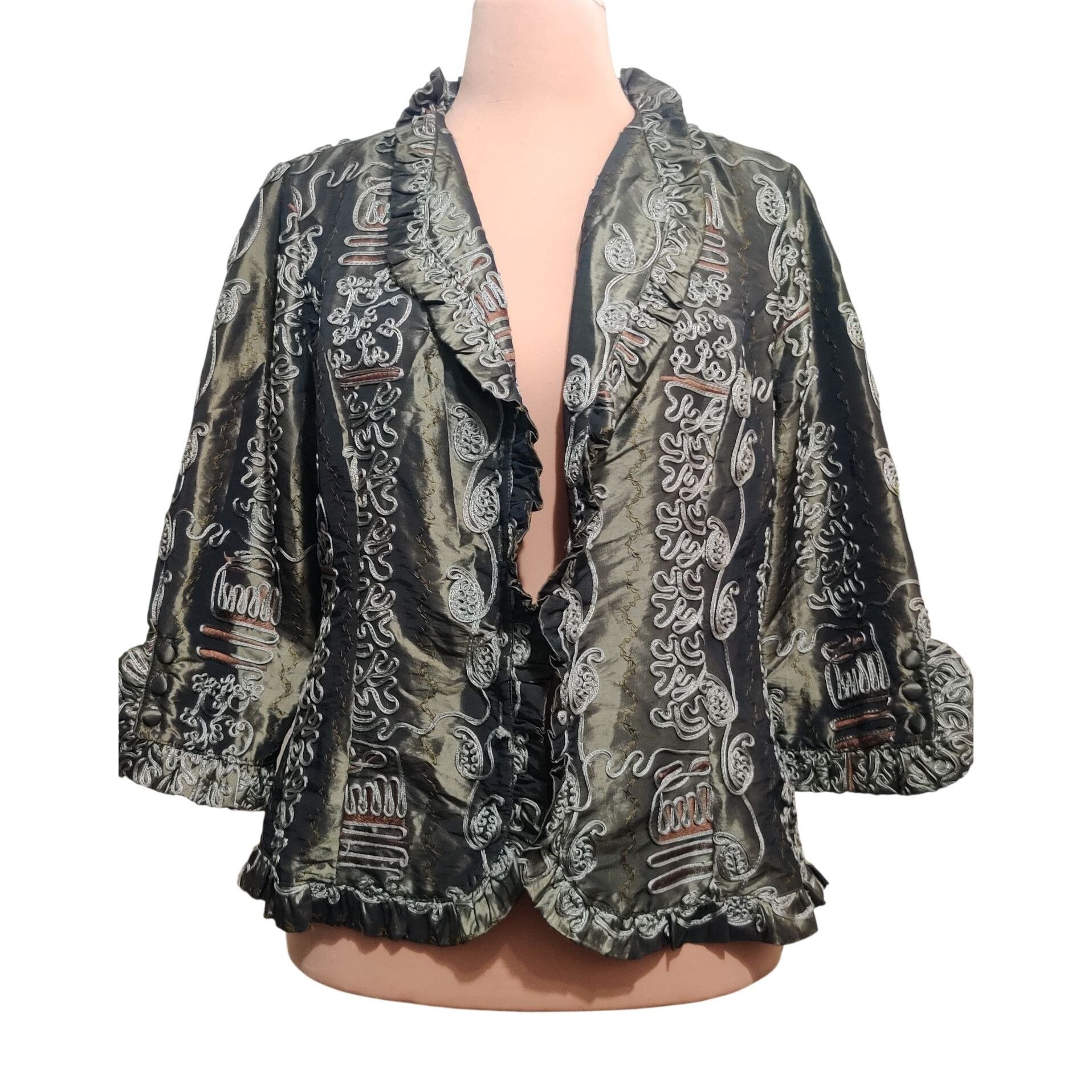 Agora Vintage Agora L Olive Embroidered Ruffle Open Front Statemen Size L / US 10 / IT 46 - 1 Thumbnail