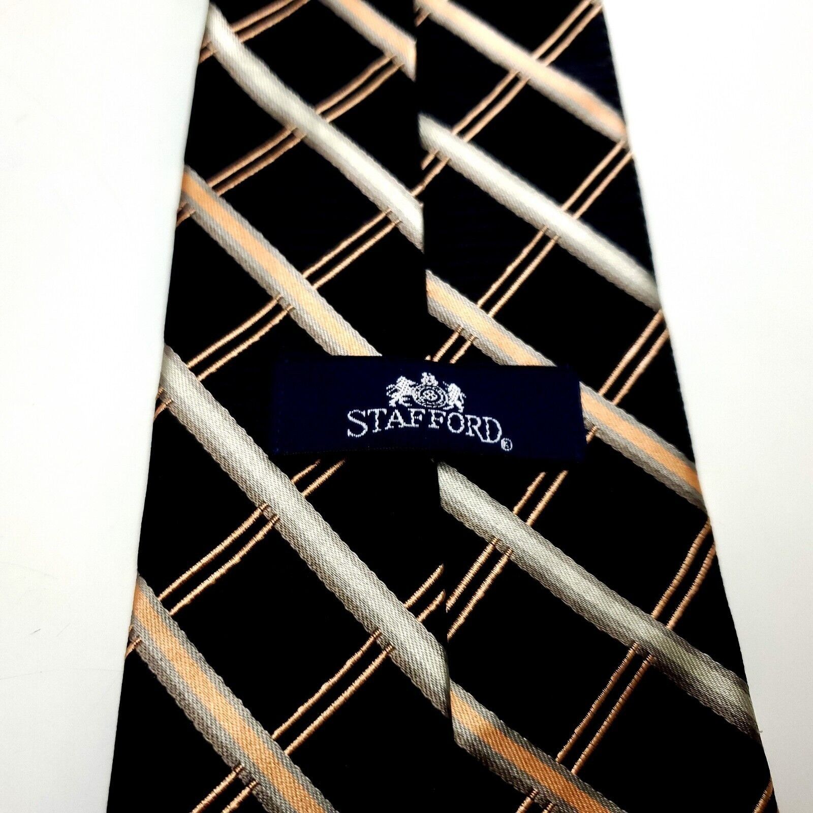 Stafford Stafford Silk Tie Woven Black Peach Plaid Wide Size ONE SIZE - 3 Thumbnail