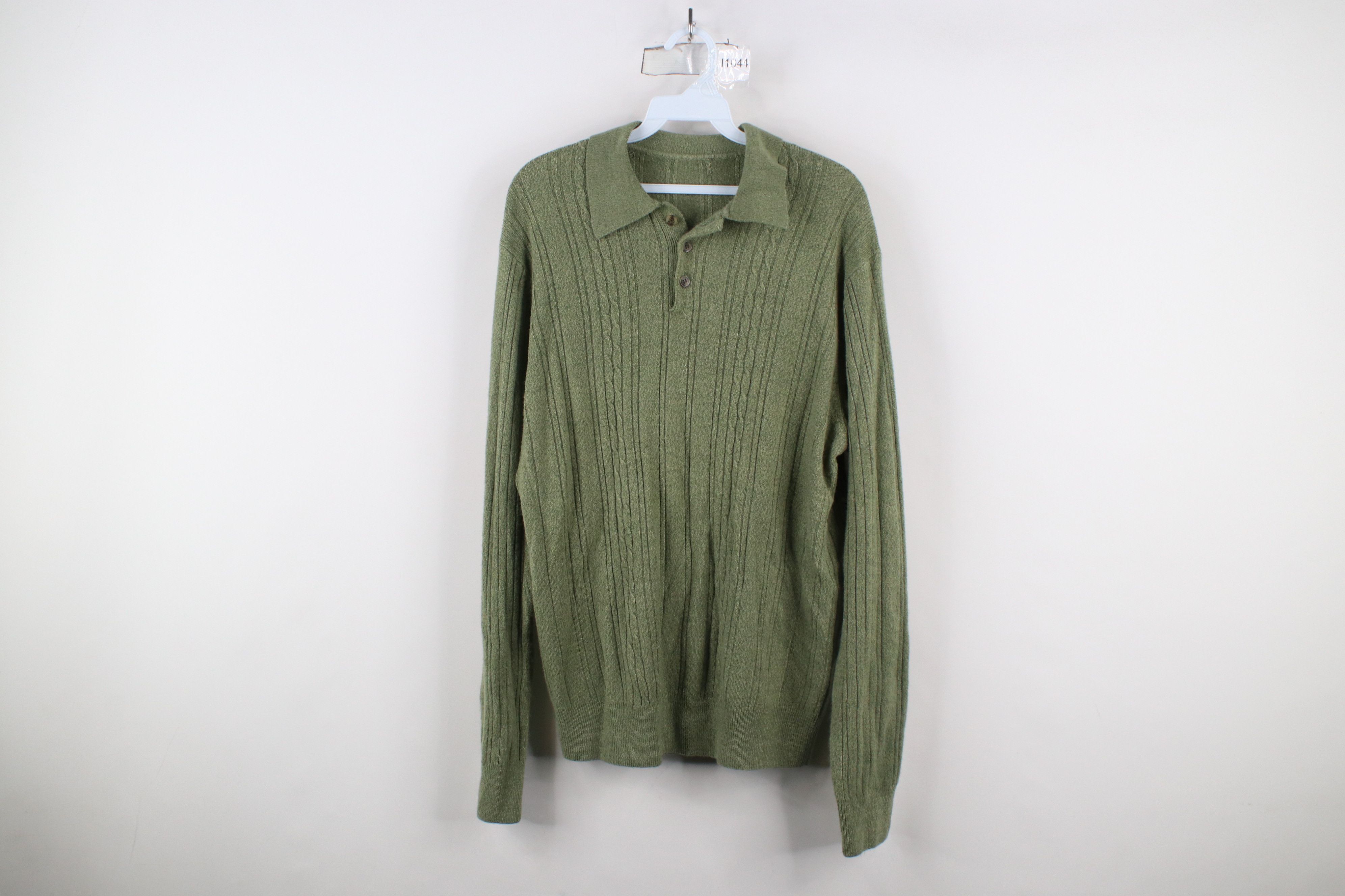 Vintage Vintage 90s Streetwear Cable Knit Collared Sweater Green Size US L / EU 52-54 / 3 - 1 Thumbnail