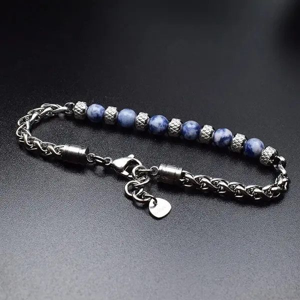 Handmade 6mm Blue Stone Beads Stainless Steel Bracelet Size ONE SIZE - 2 Thumbnail