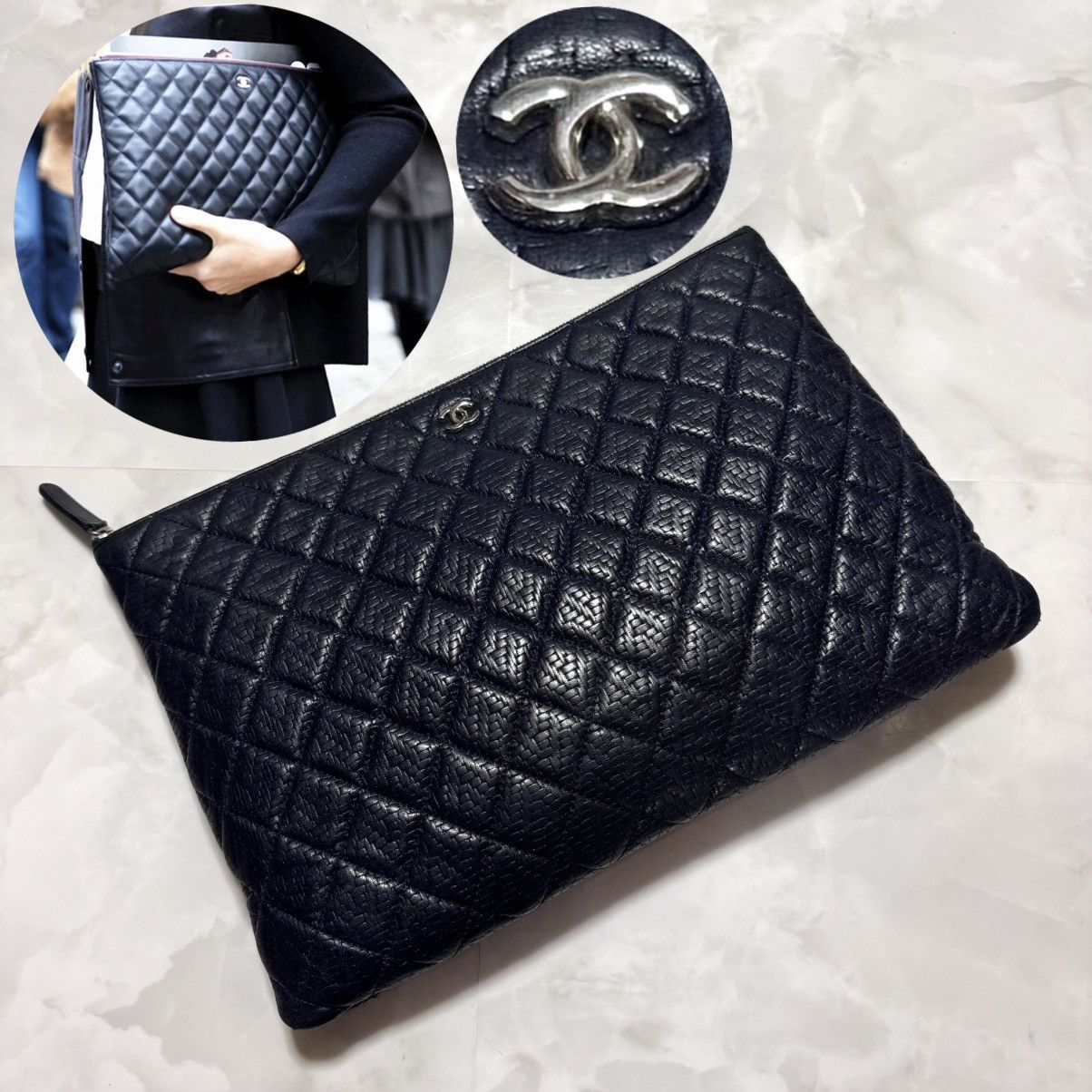 Chanel COCO patch matelassé leather clutch bag dark navy