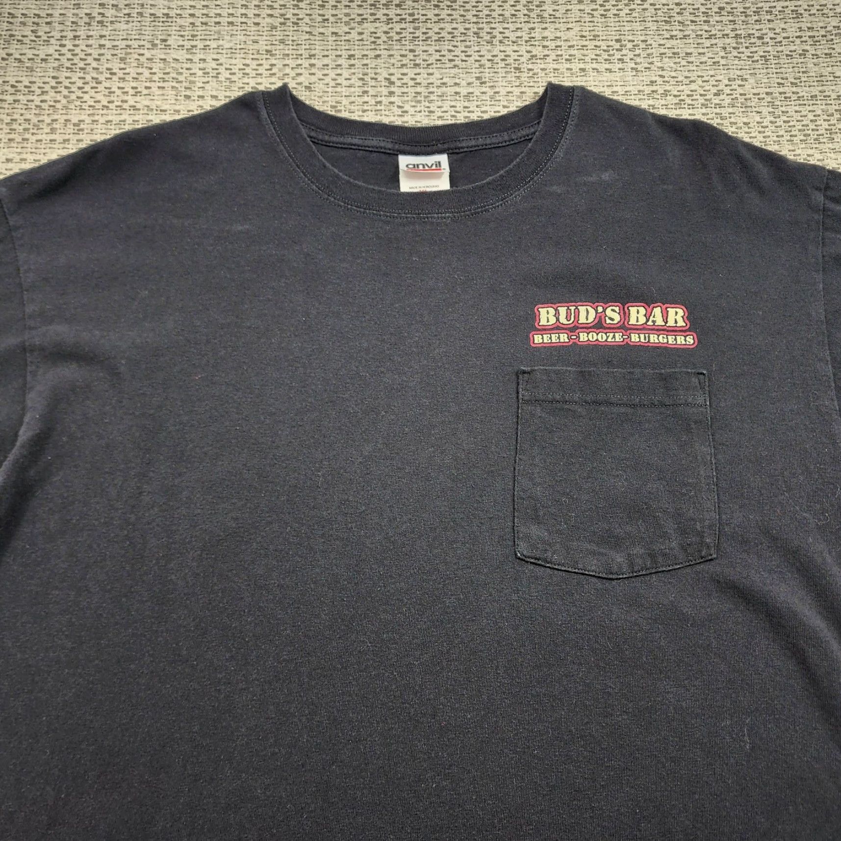 Anvil Buds Bar Shirt Mens XL Black Pocket Graphic Beer Booze Burgers Anvil Cotton Shirt Mens XL Black Pocket Graphic Tee Buds Bar Graphic Tee Size US XL / EU 56 / 4 - 6 Thumbnail