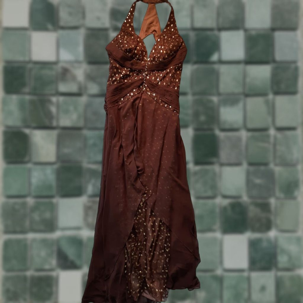 Vintage Tiffany Designs Dress 14 Cafe Brown Gold Dots Sleeveless 63" Long Brown Women's Dress Size ONE SIZE - 1 Thumbnail