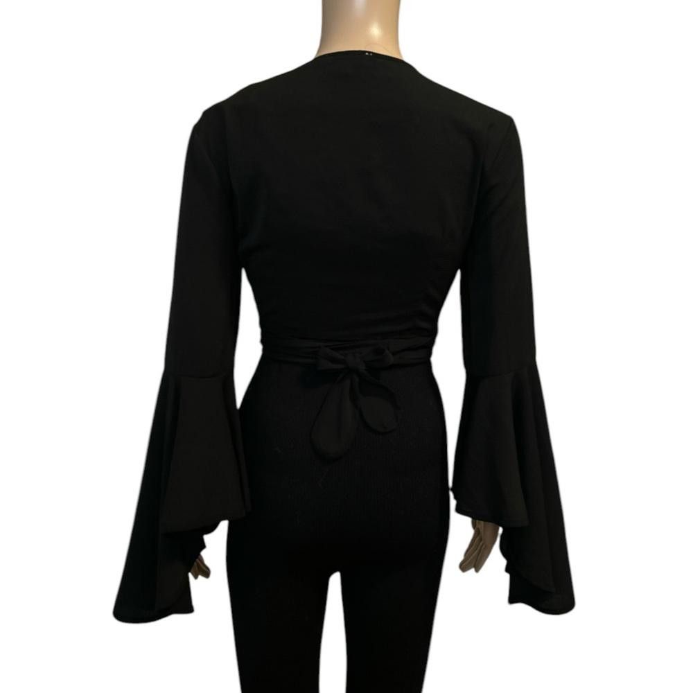 Designer Sexy Black Wrap around Bell Sleeve Blouse Size S / US 4 / IT 40 - 3 Thumbnail