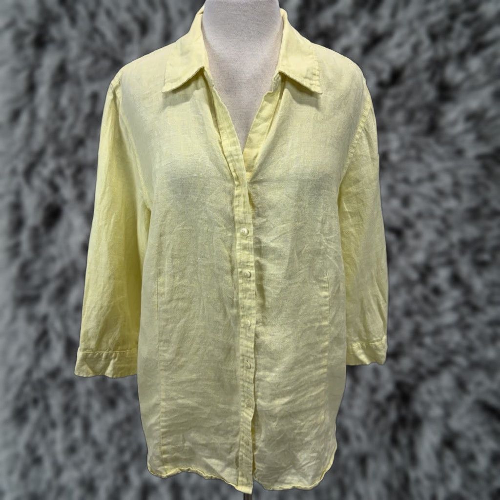 Coldwater Creek VINTAGE Coldwater Creek Shirt 100% Linen Button-Up Women’s 1X Plus Yellow Coastal, Collared, Solid, Button Closure, Adult Women Size XL / US 12-14 / IT 48-50 - 1 Thumbnail