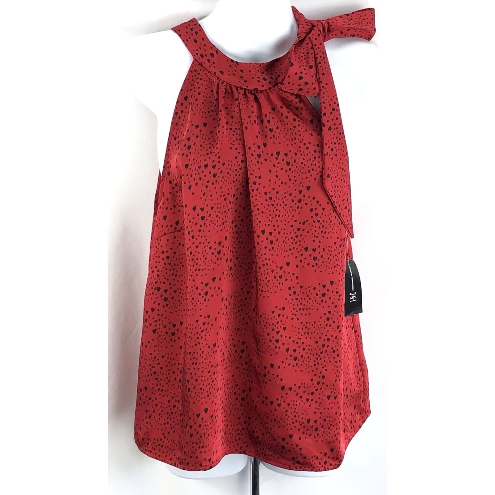 Vintage NWT INC International Concepts Geometric Halter Top Sleeveless Red M Geometric Bow Tie Neck Mock Neck Satin Sateen Size M / US 6-8 / IT 42-44 - 5 Thumbnail